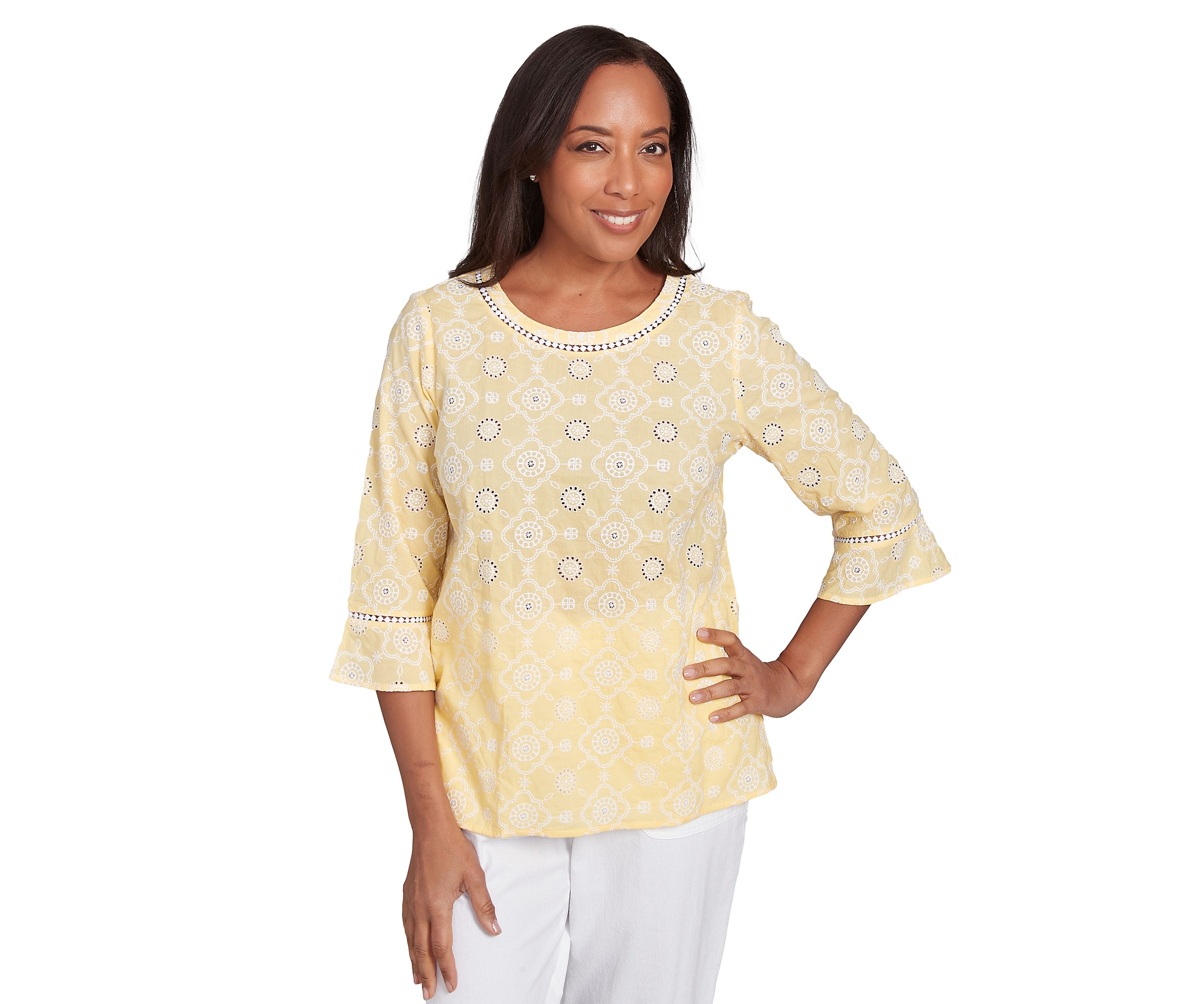 Petite Rise and Shine Flower Embroidered Eyelet Top