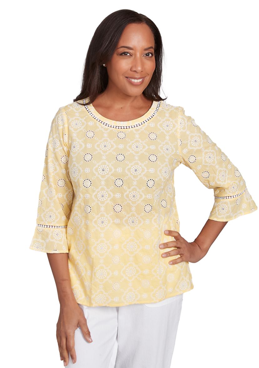 Petite Rise and Shine Flower Embroidered Eyelet Top