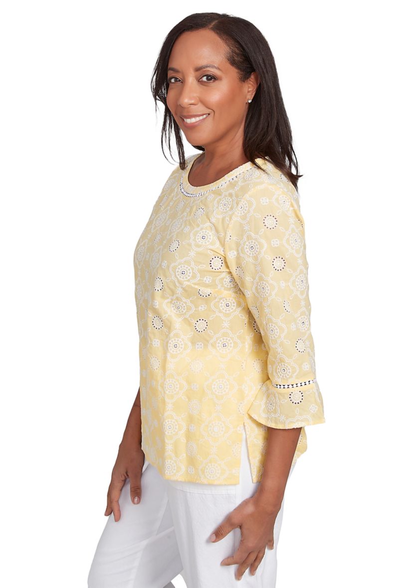 Petite Rise and Shine Flower Embroidered Eyelet Top