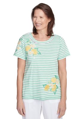 Alfred Dunner Women's Petite Rise & Shine Stripe Lemons Printed Top
