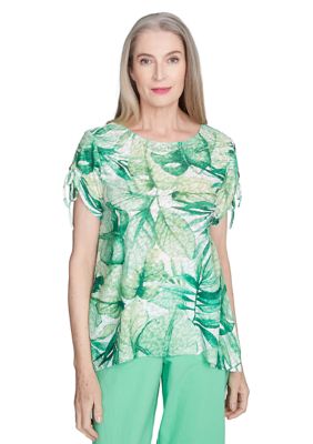 Alfred Dunner Women's Petite Rise & Shine Monotone Tropical Leaves Printed Top