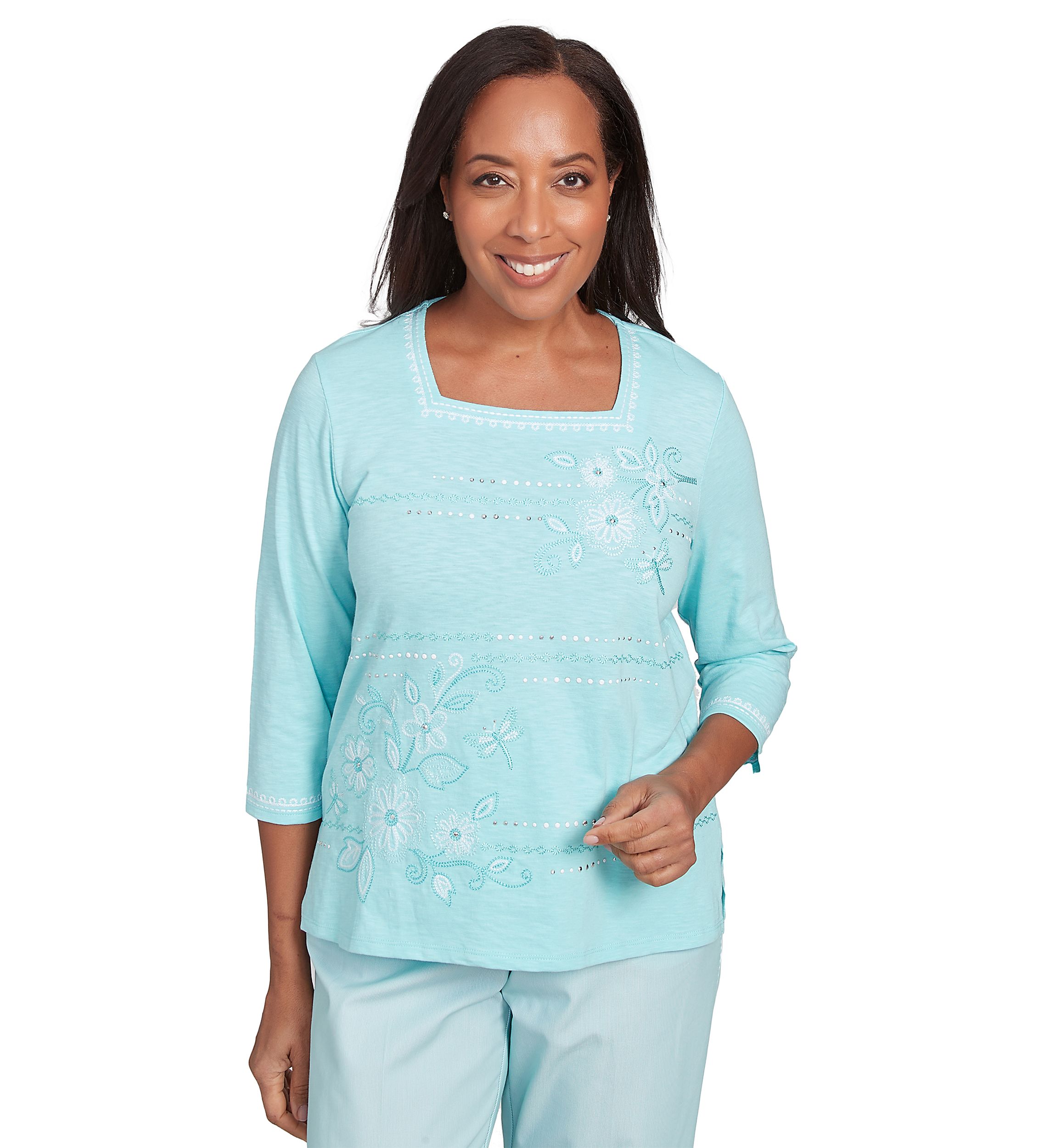 Womens St. Thomas Dragonfly Floral Asymmetric Embroidery Top