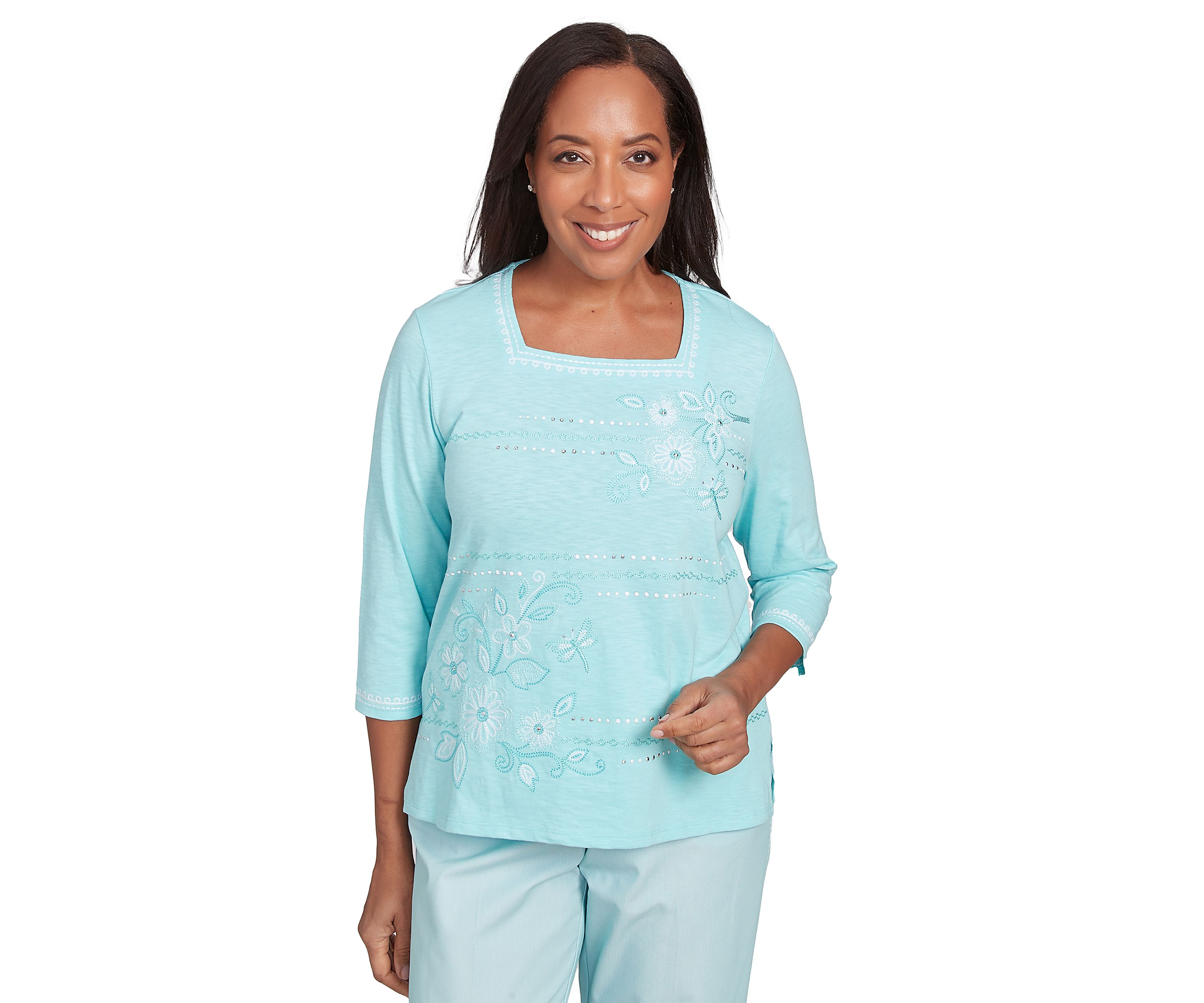 Womens St. Thomas Dragonfly Floral Asymmetric Embroidery Top