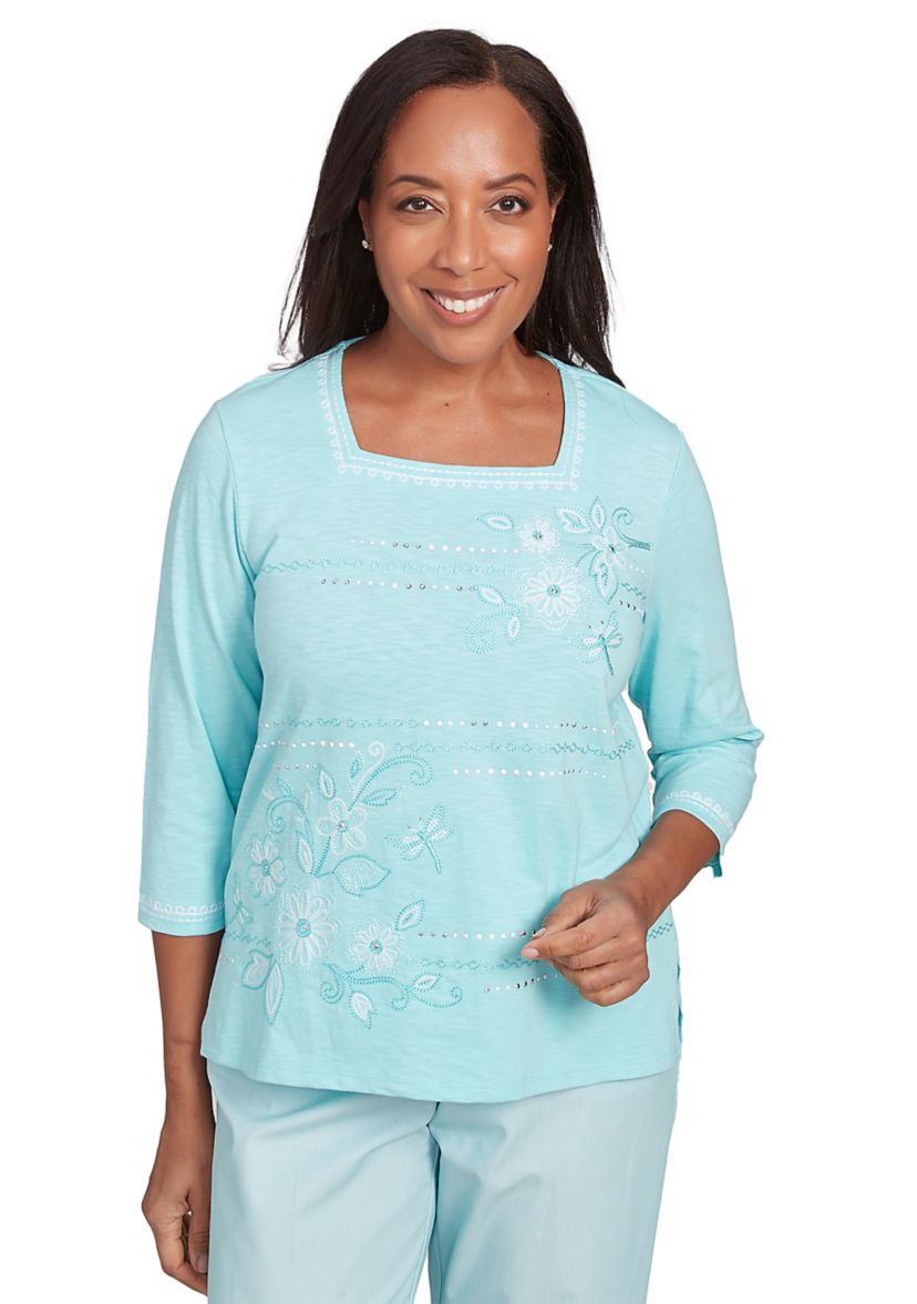 Womens St. Thomas Dragonfly Floral Asymmetric Embroidery Top