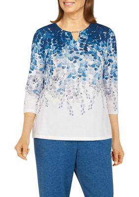 Women's Floral Park Split Neck 3/4 Sleeve Ombré Leaf Print Top