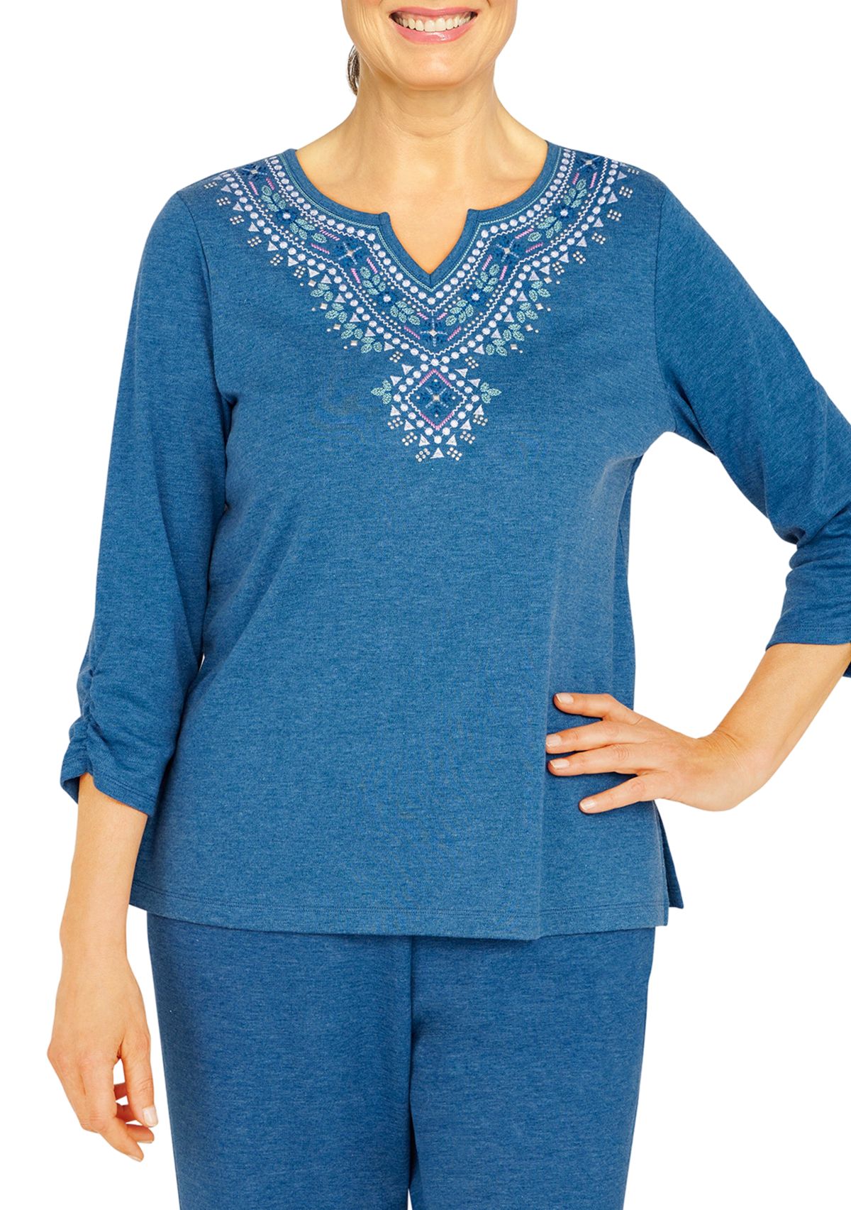 Petite Floral Park Split Neck 3/4 Sleeve Heather Knit Top