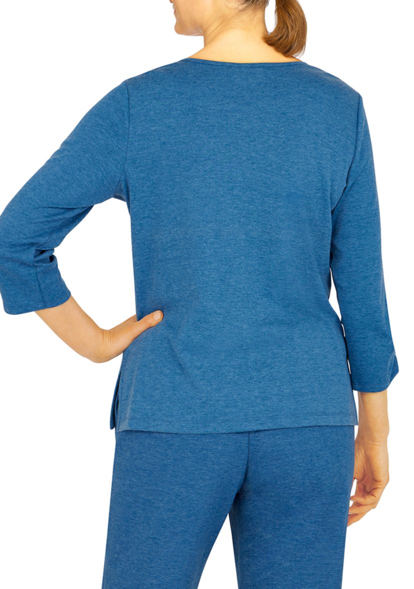 Petite Floral Park Split Neck 3/4 Sleeve Heather Knit Top