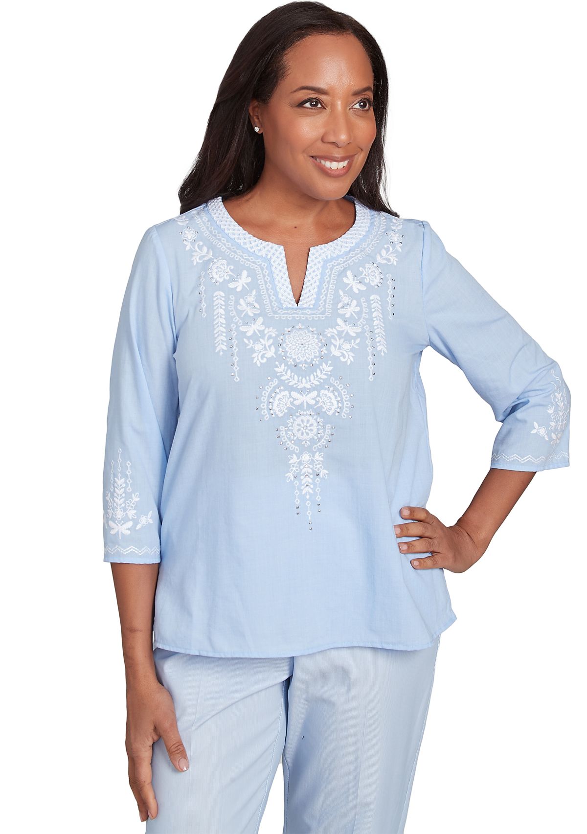 Petite St. Thomas Embroidered Yoke and Sleeve Top