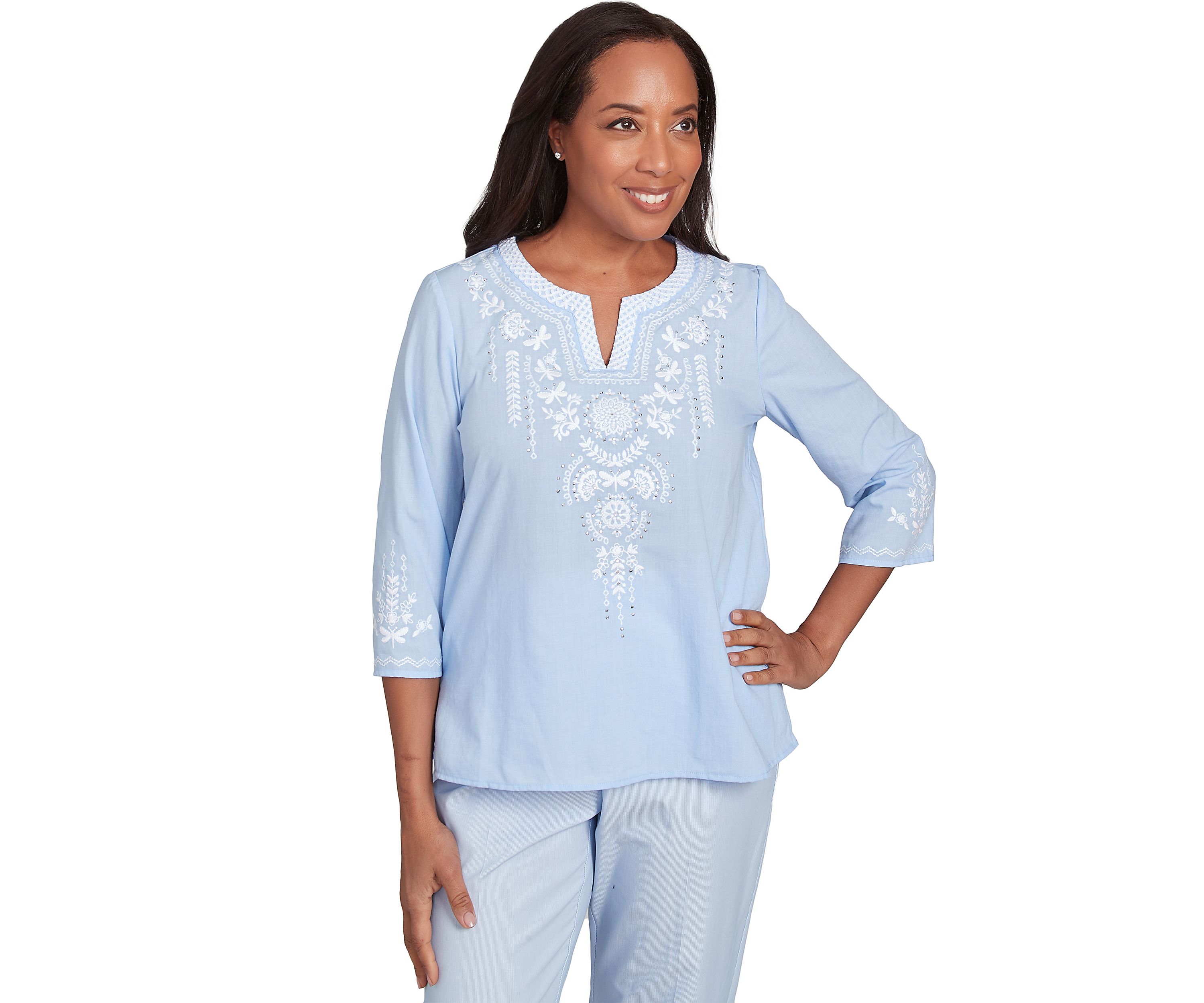 Petite St. Thomas Embroidered Yoke and Sleeve Top