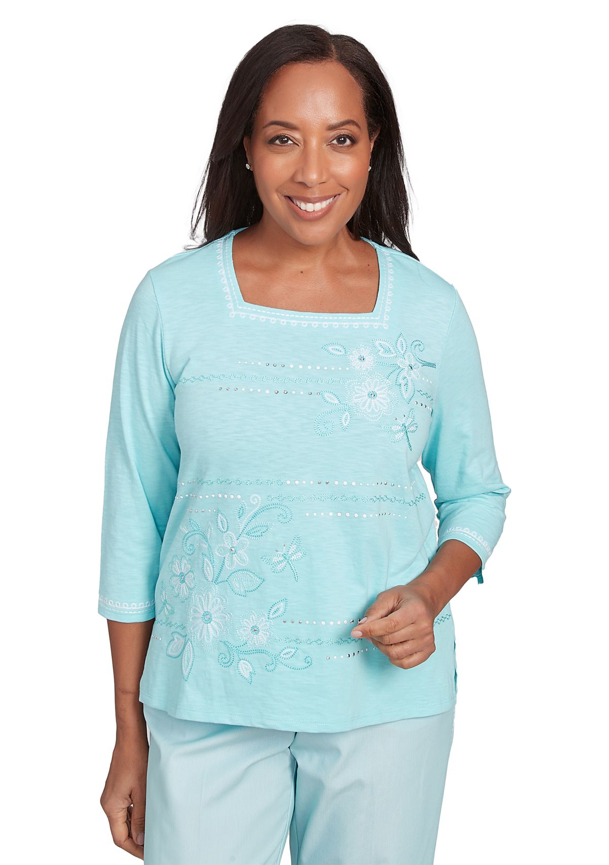 Petite St. Thomas Dragonfly Floral Asymmetric Embroidery Top