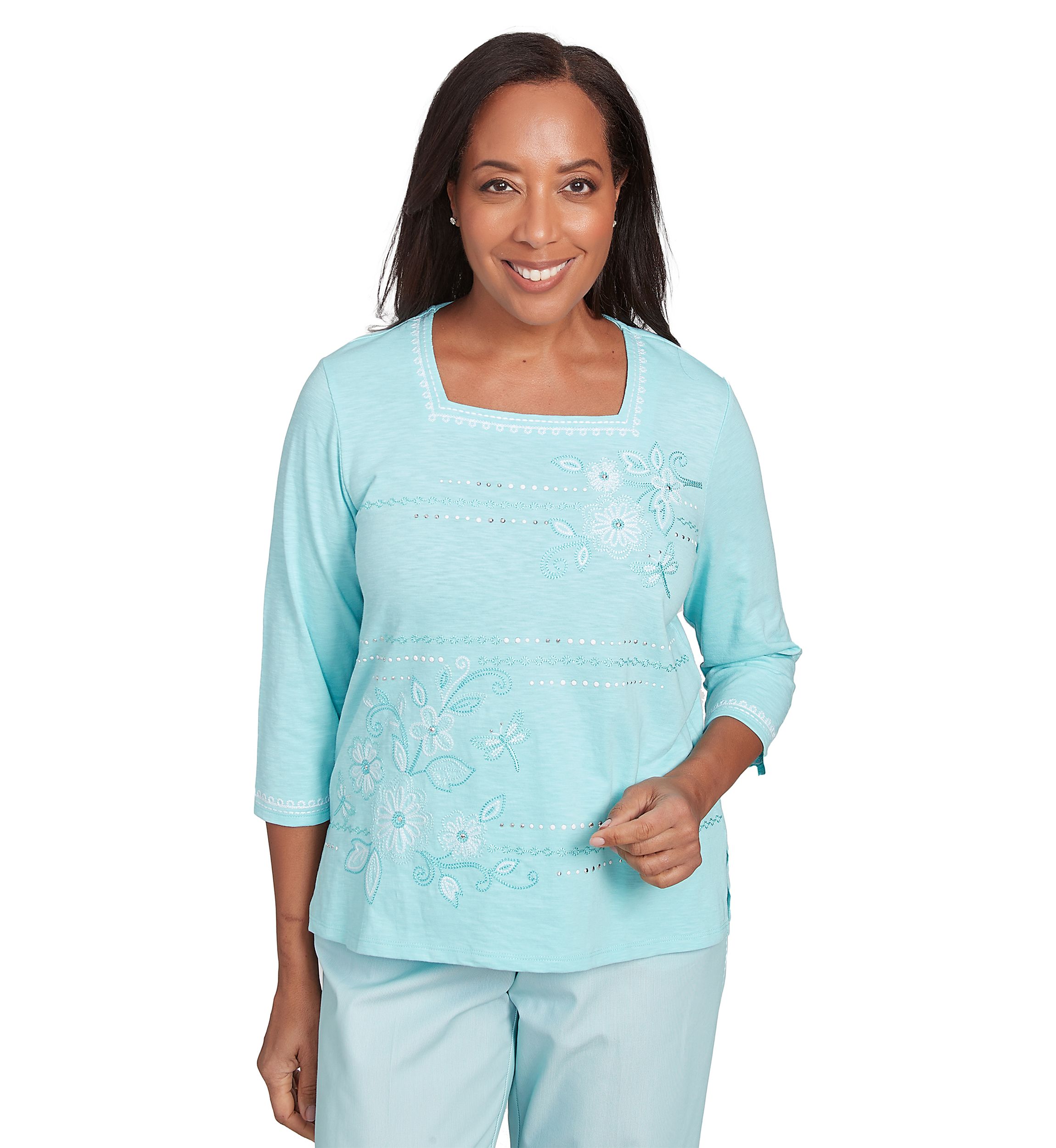 Petite St. Thomas Dragonfly Floral Asymmetric Embroidery Top