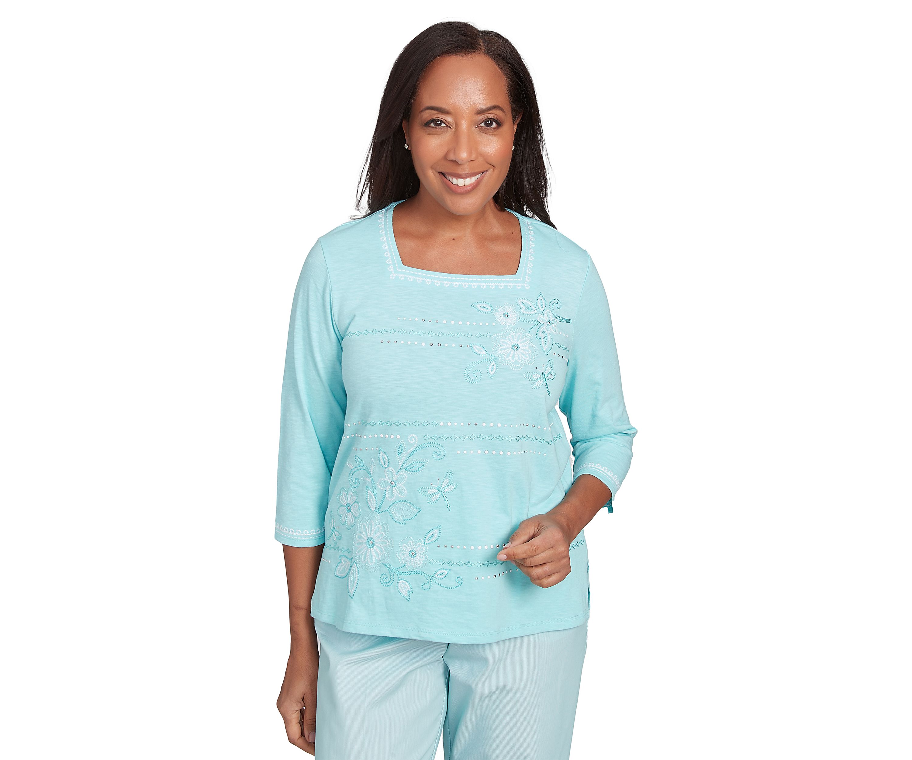 Petite St. Thomas Dragonfly Floral Asymmetric Embroidery Top