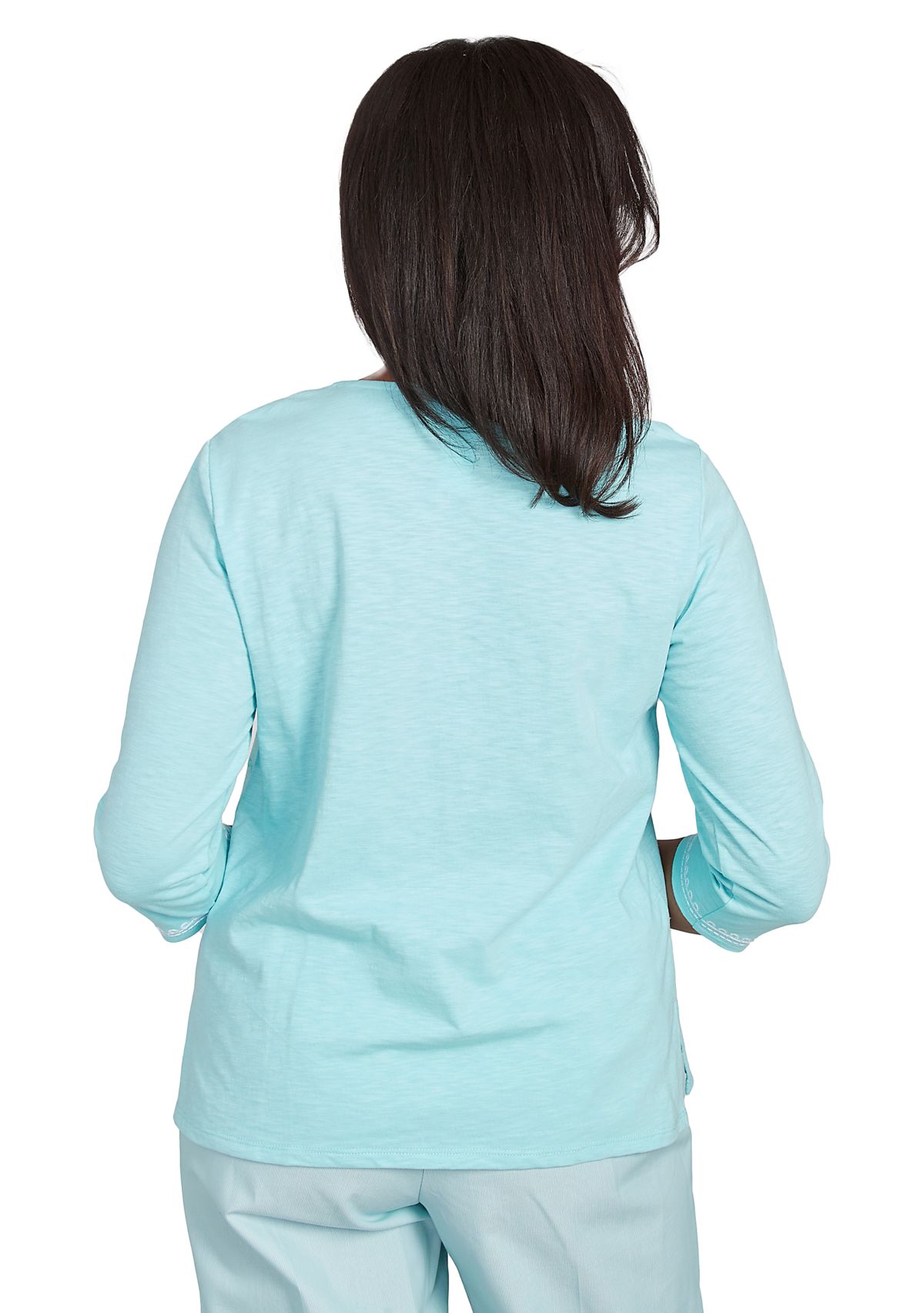 Petite St. Thomas Dragonfly Floral Asymmetric Embroidery Top