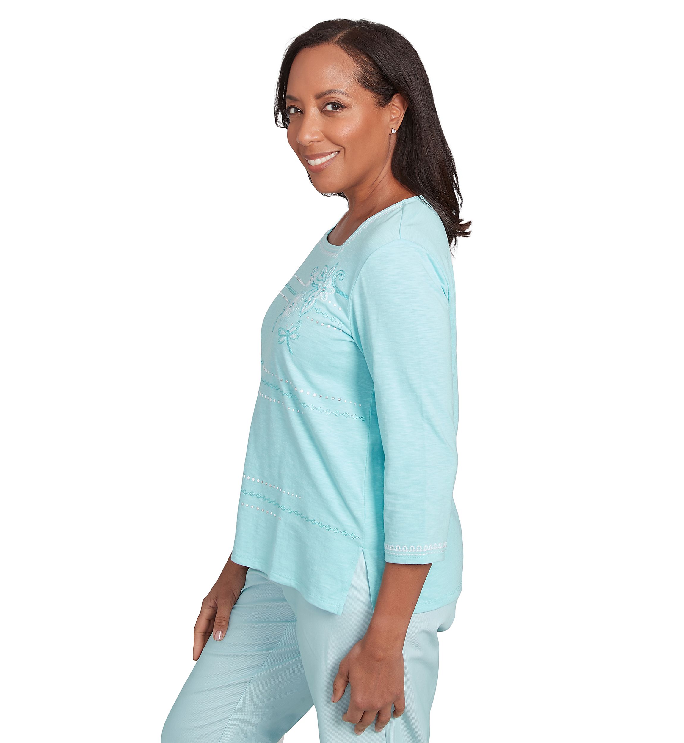 Petite St. Thomas Dragonfly Floral Asymmetric Embroidery Top