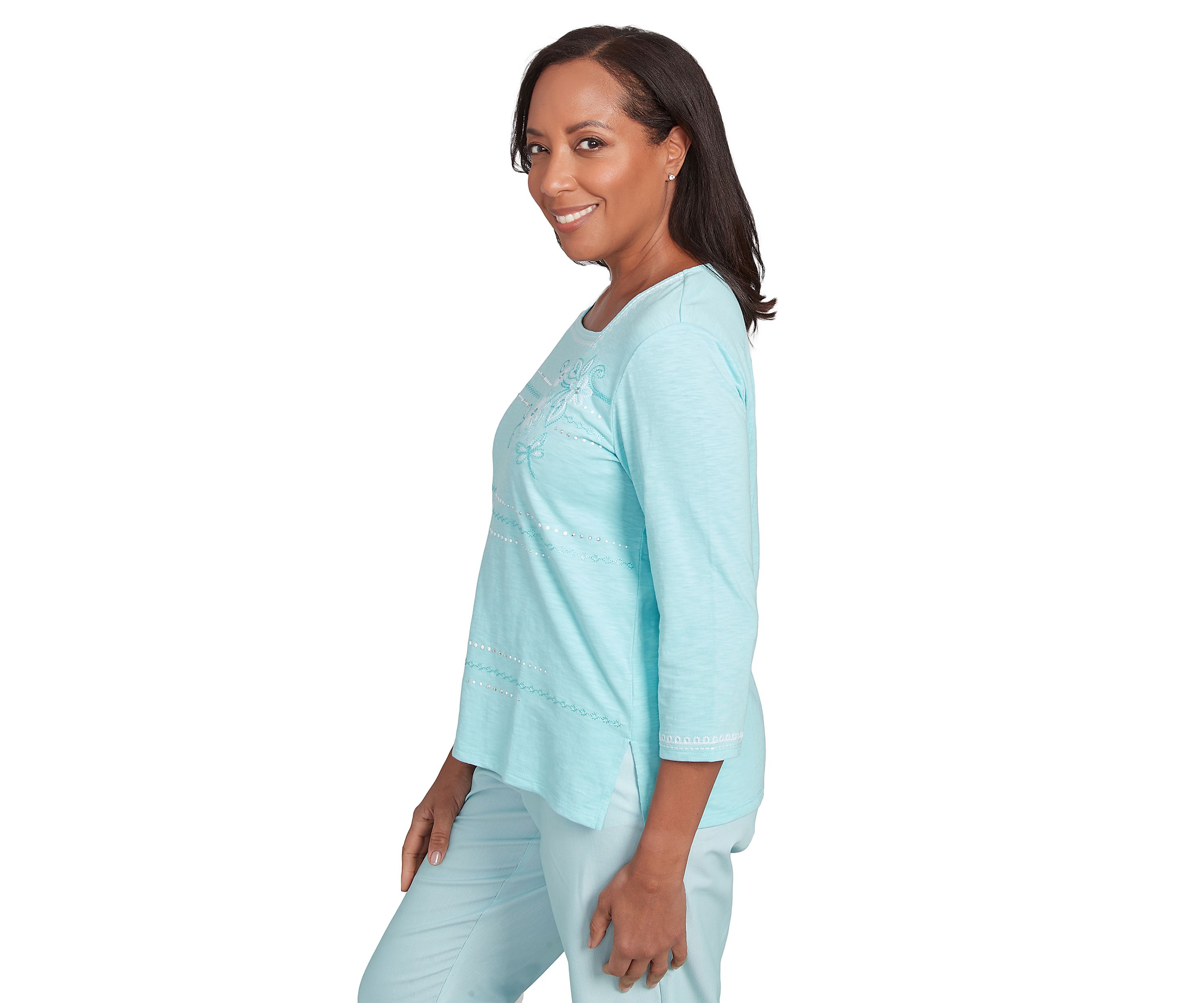 Petite St. Thomas Dragonfly Floral Asymmetric Embroidery Top