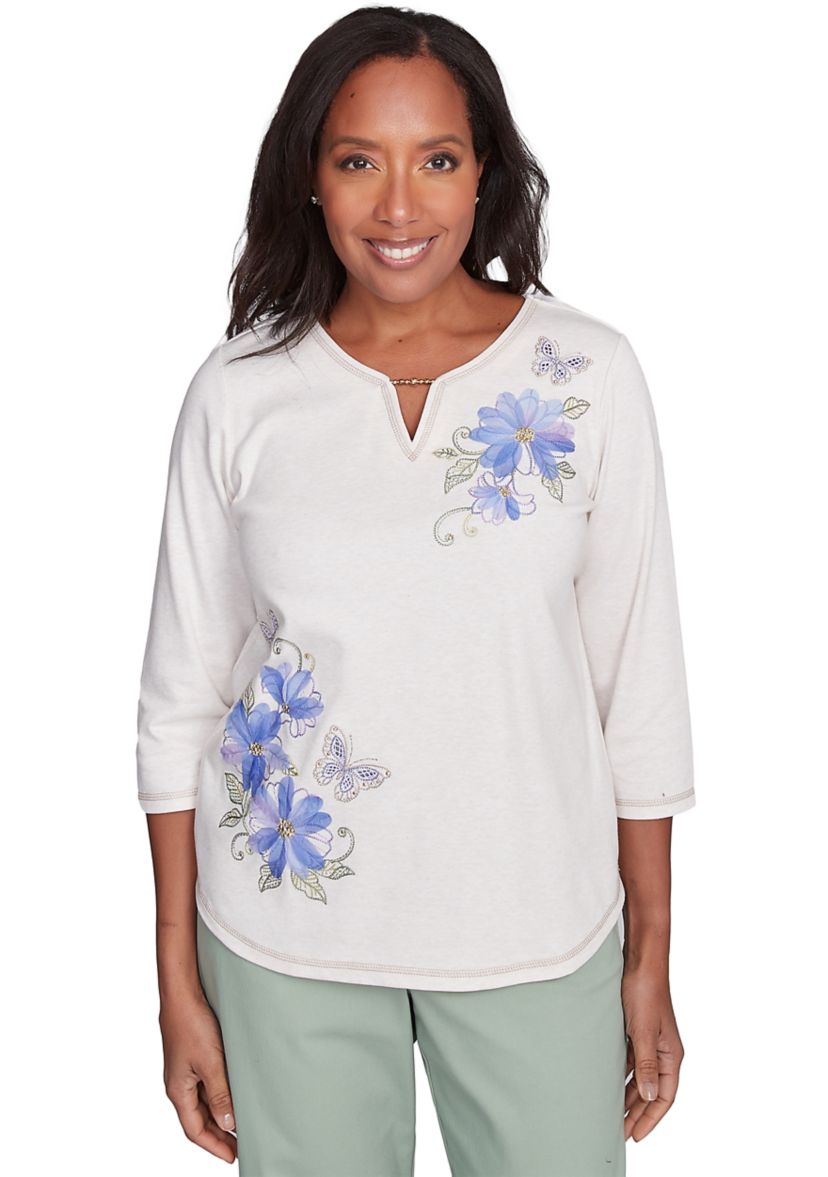 Womens Santa Fe Asymmetric Floral Embroidery Top