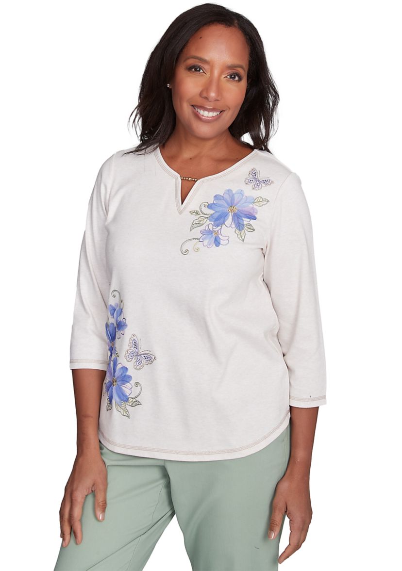 Womens Santa Fe Asymmetric Floral Embroidery Top