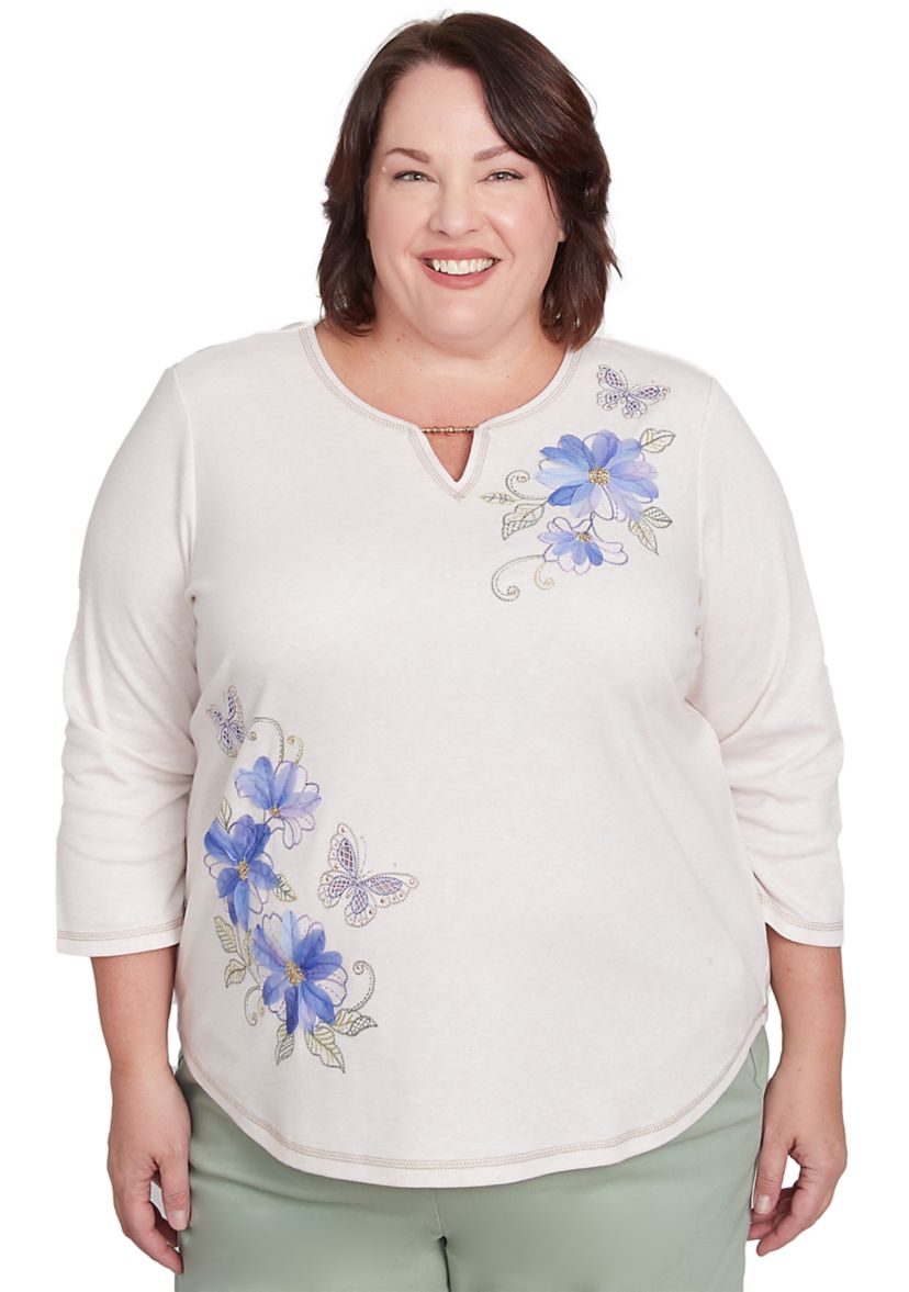 Plus Size Santa Fe Asymmetric Floral Embroidery Top