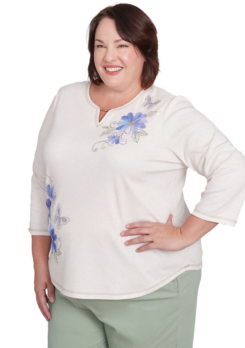 Plus Size Santa Fe Asymmetric Floral Embroidery Top