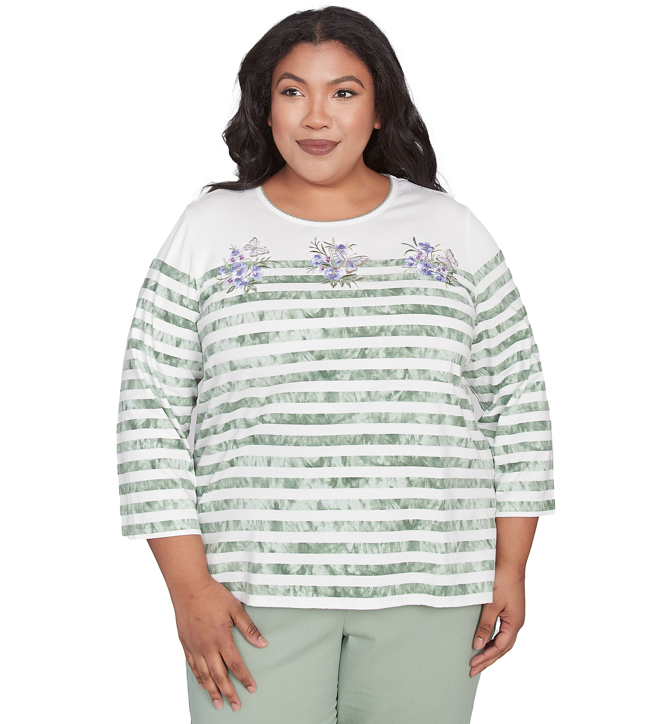 Plus Size Santa Fe Tie Dye Stripe Embroidery Top 