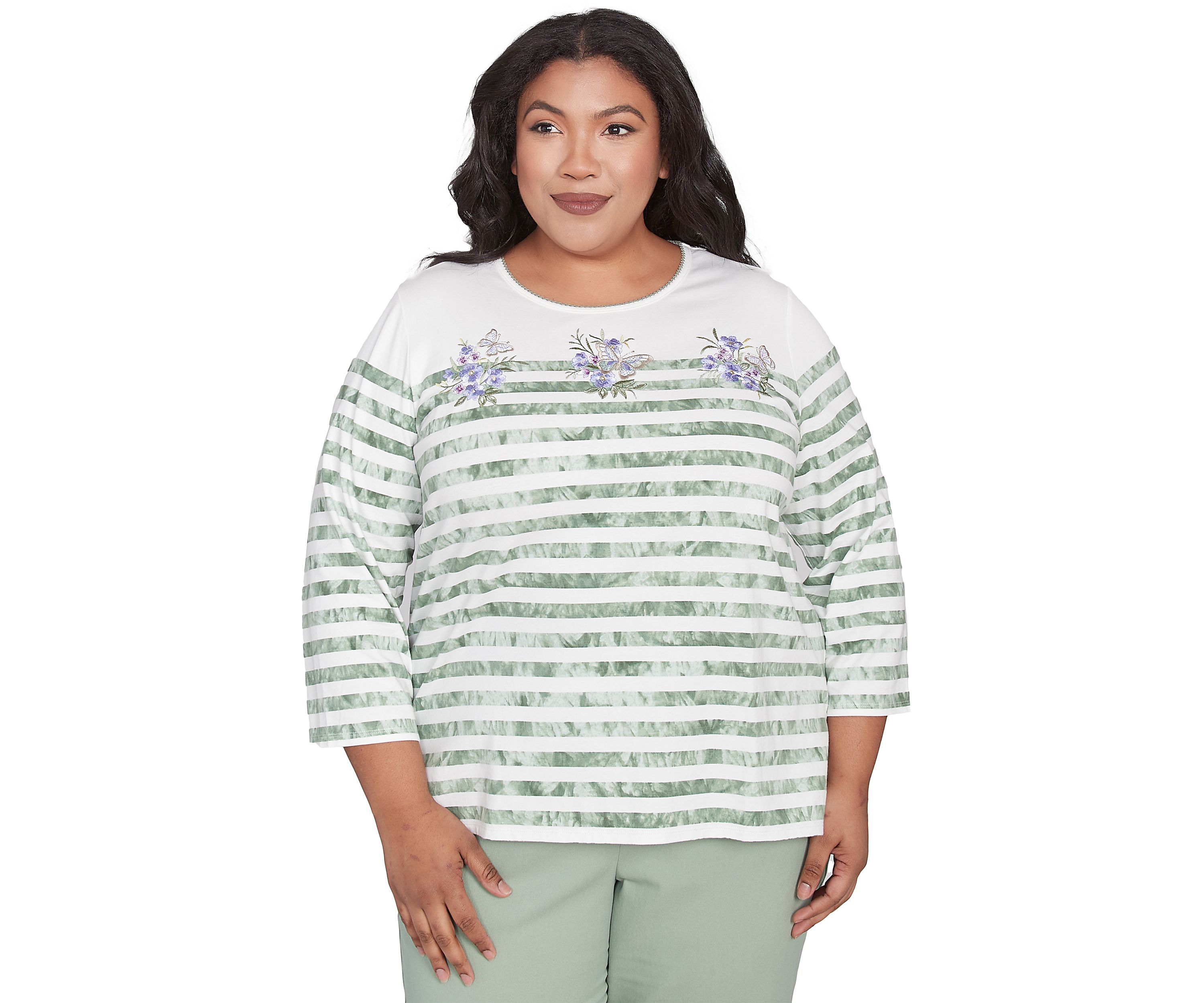Plus Size Santa Fe Tie Dye Stripe Embroidery Top 