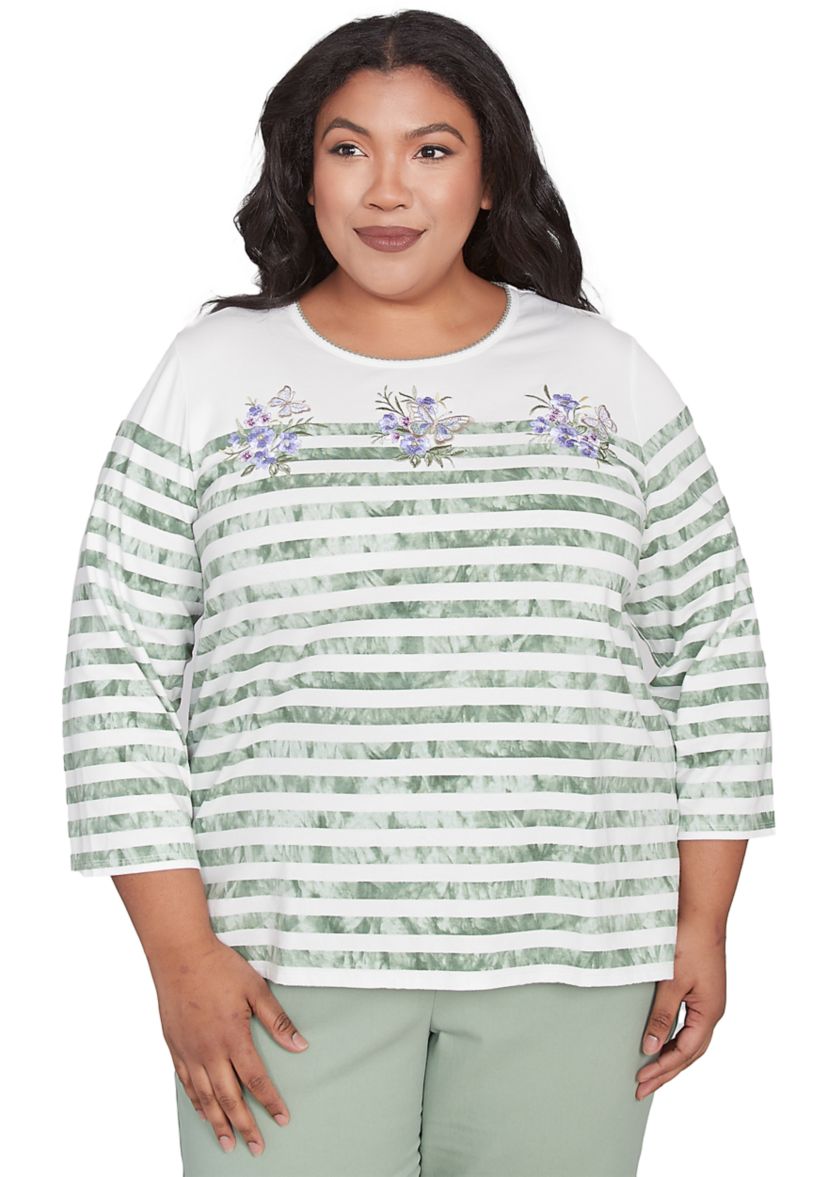 Plus Size Santa Fe Tie Dye Stripe Embroidery Top 
