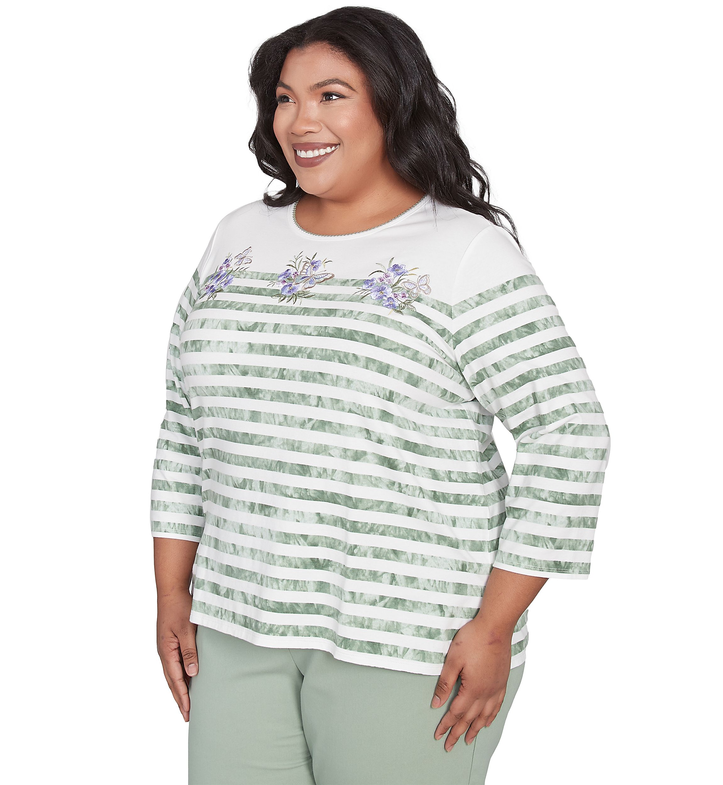 Plus Size Santa Fe Tie Dye Stripe Embroidery Top 