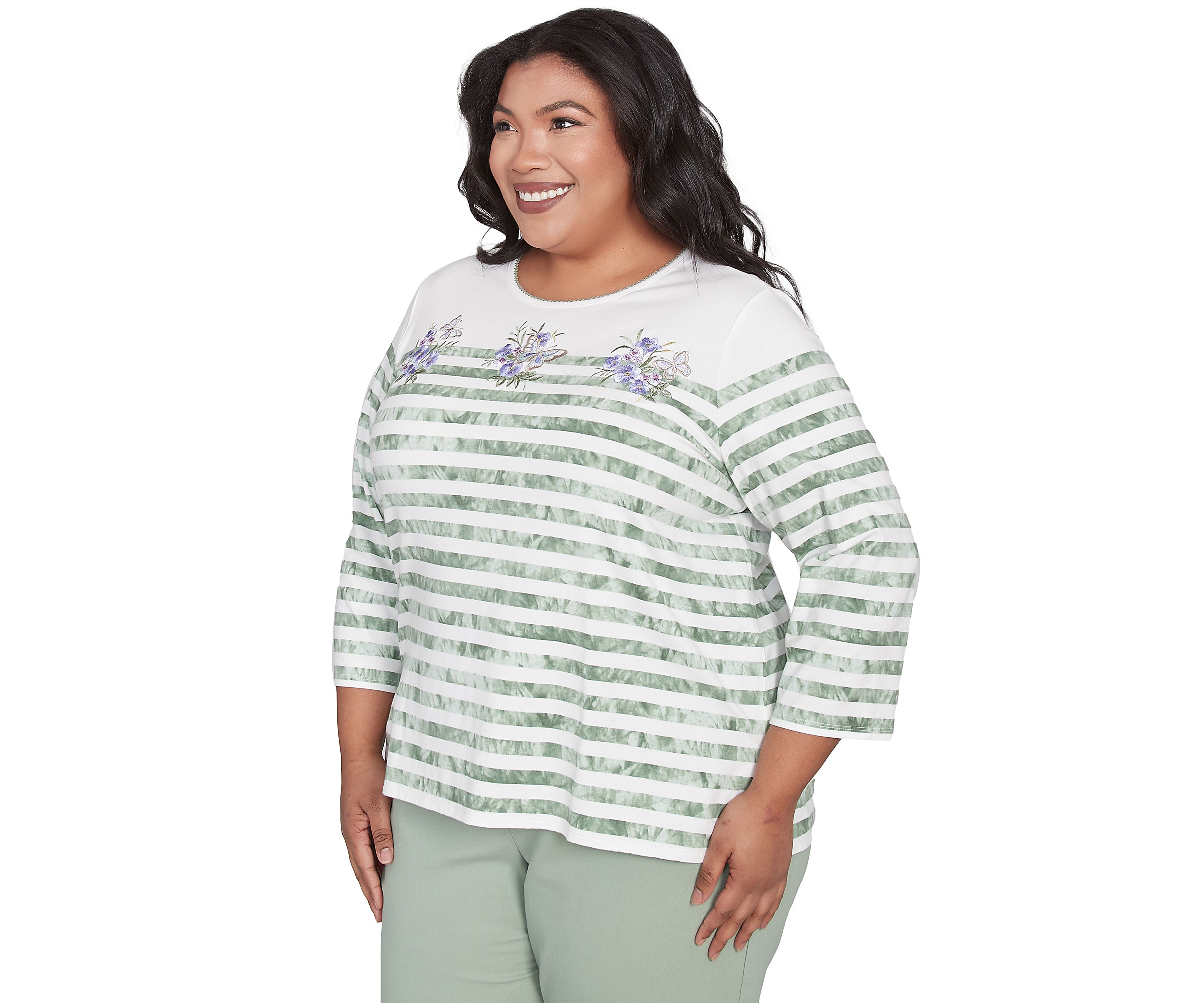 Plus Size Santa Fe Tie Dye Stripe Embroidery Top 