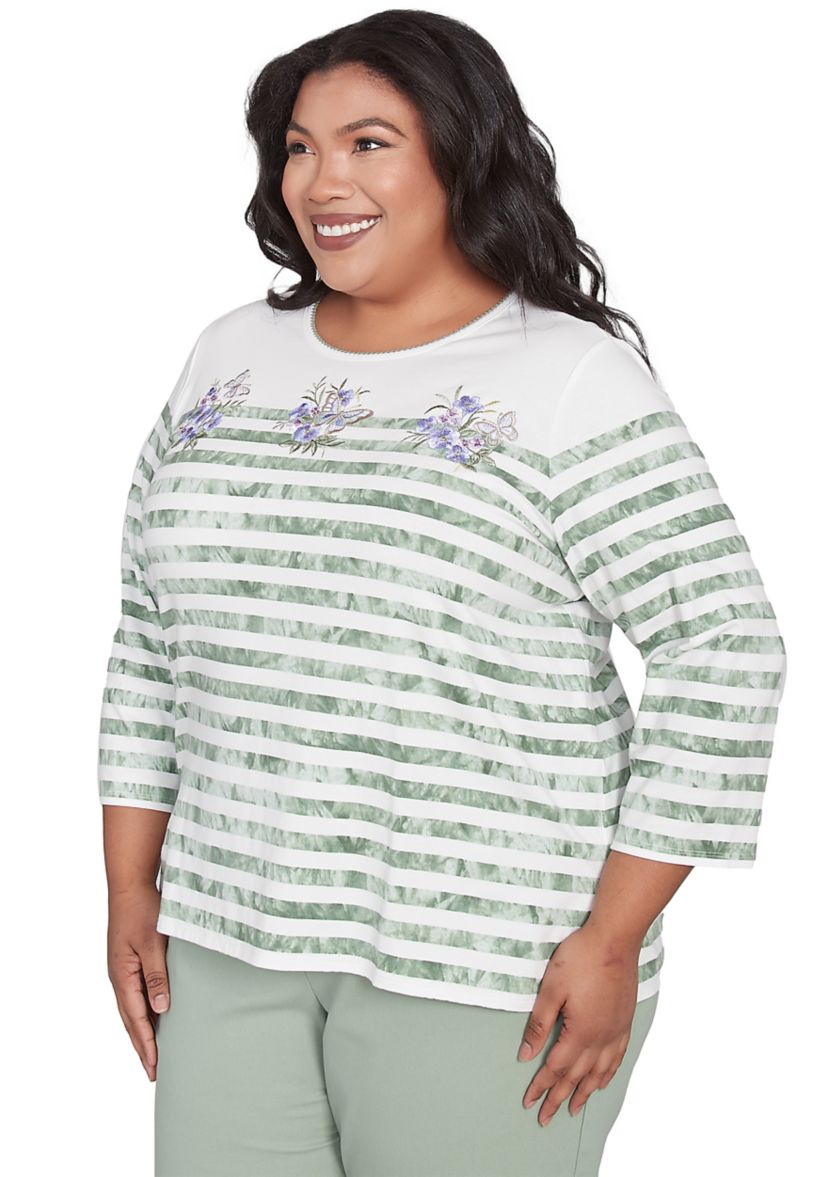 Plus Size Santa Fe Tie Dye Stripe Embroidery Top 