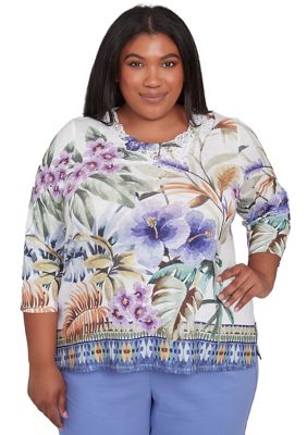 Alfred Dunner Women's Plus Size Santa Fe Tropical Border Top, 3X