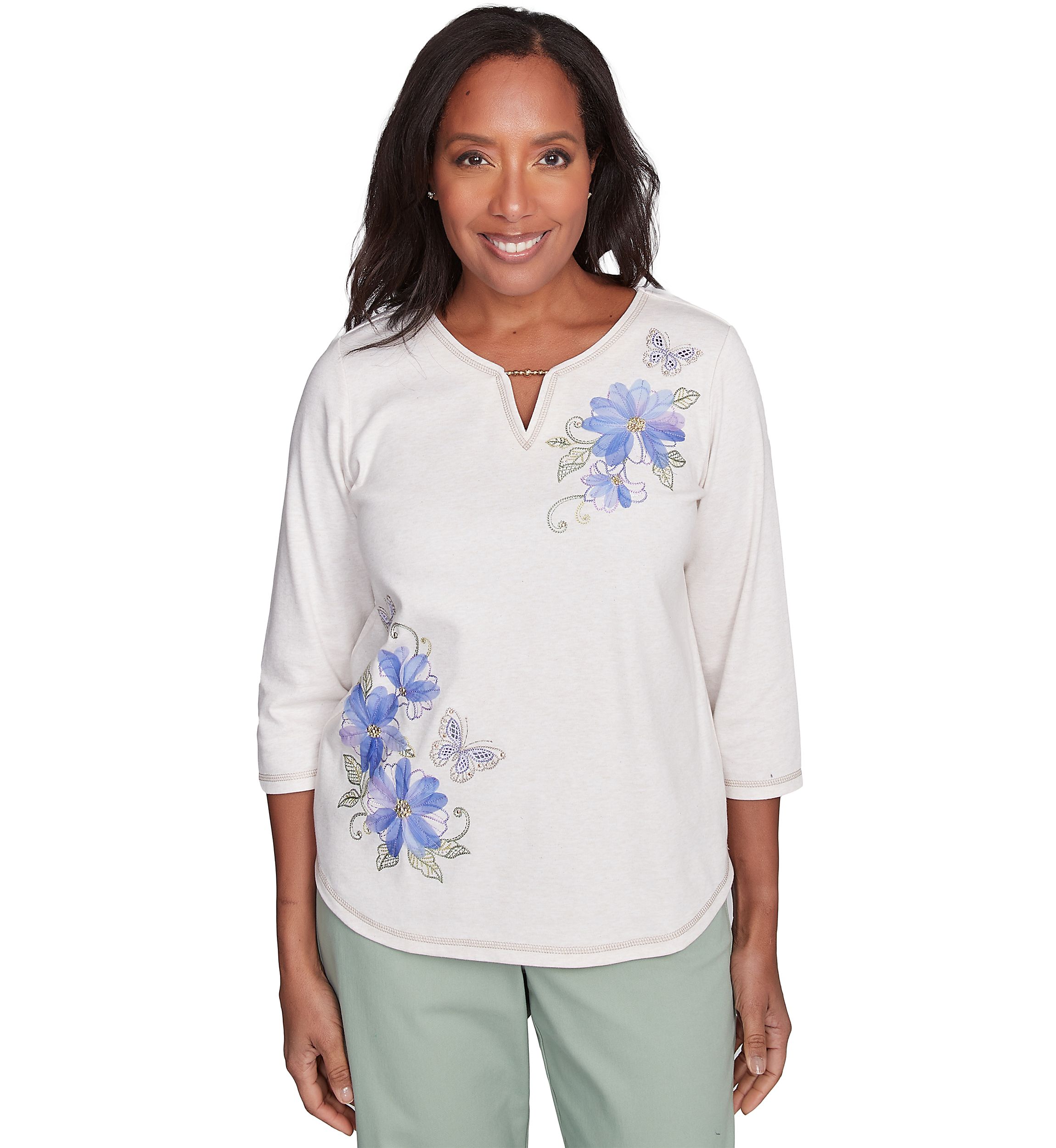 Petite Santa Fe Asymmetric Floral Embroidery Top