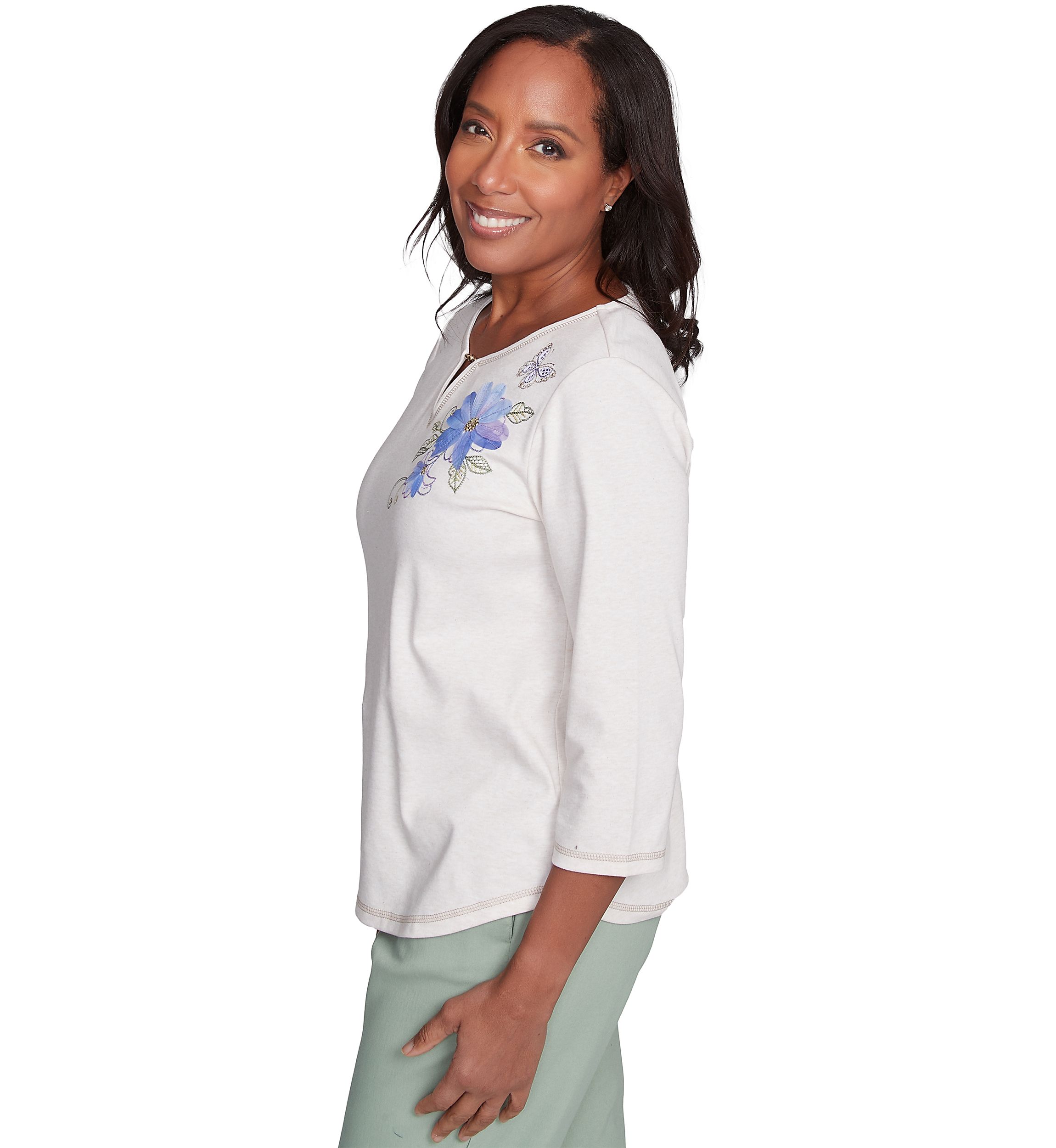 Petite Santa Fe Asymmetric Floral Embroidery Top