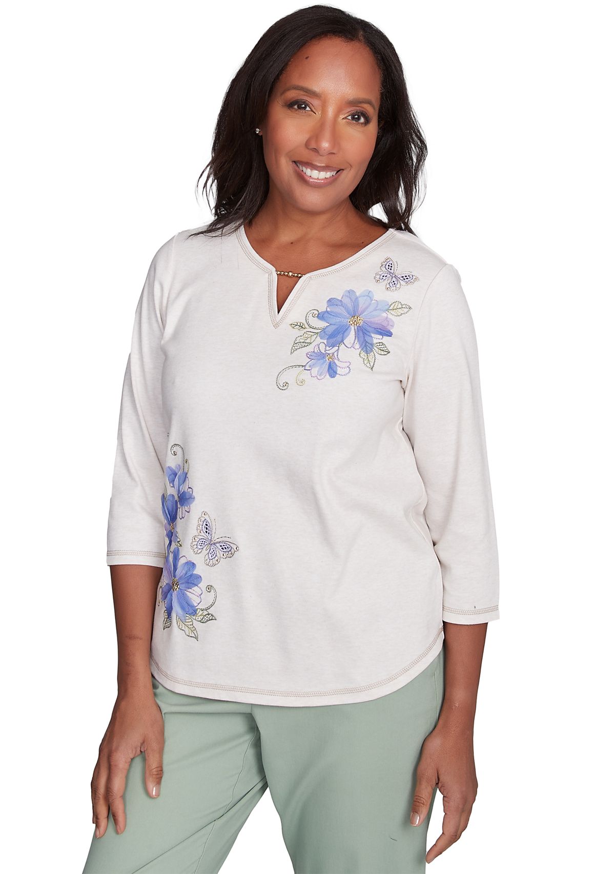 Petite Santa Fe Asymmetric Floral Embroidery Top
