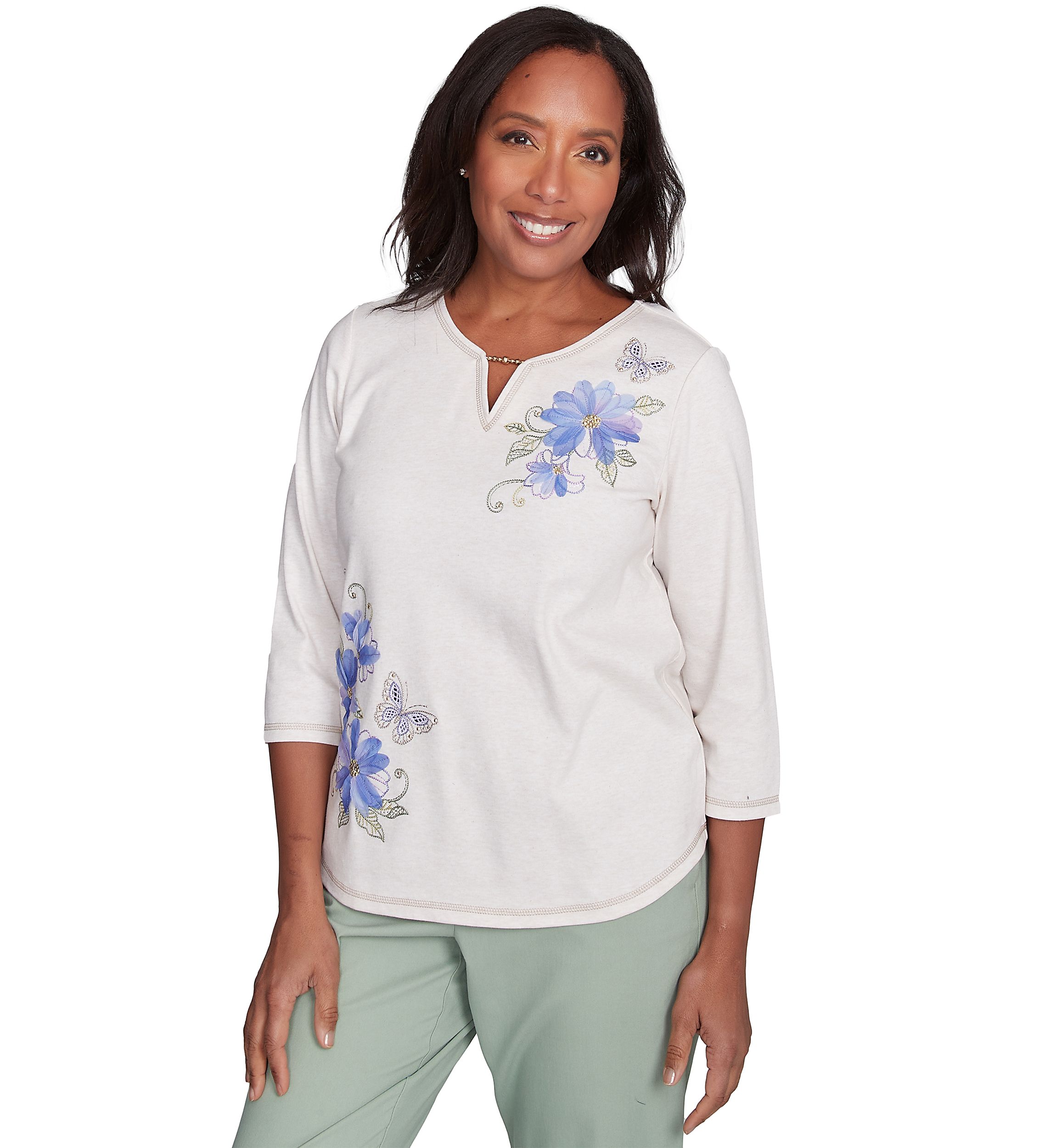 Petite Santa Fe Asymmetric Floral Embroidery Top