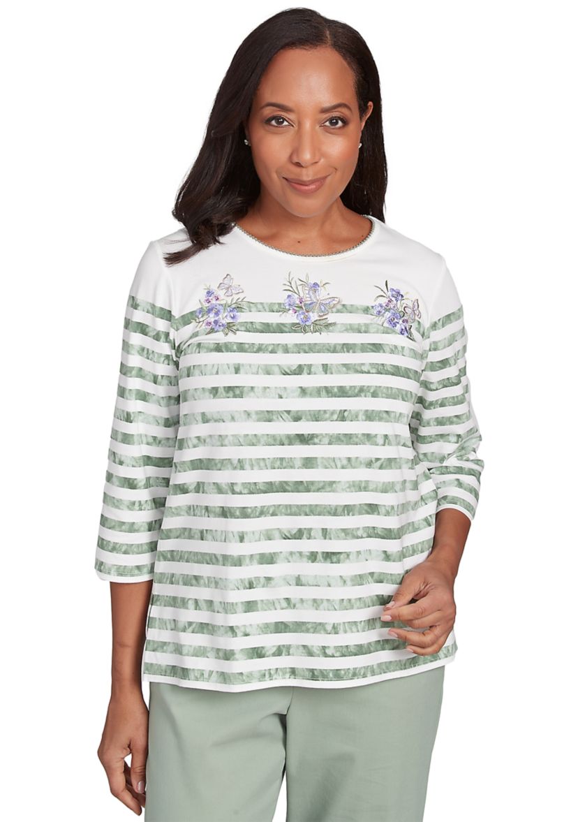 Petite Santa Fe Tie Dye Stripe Embroidery Top 