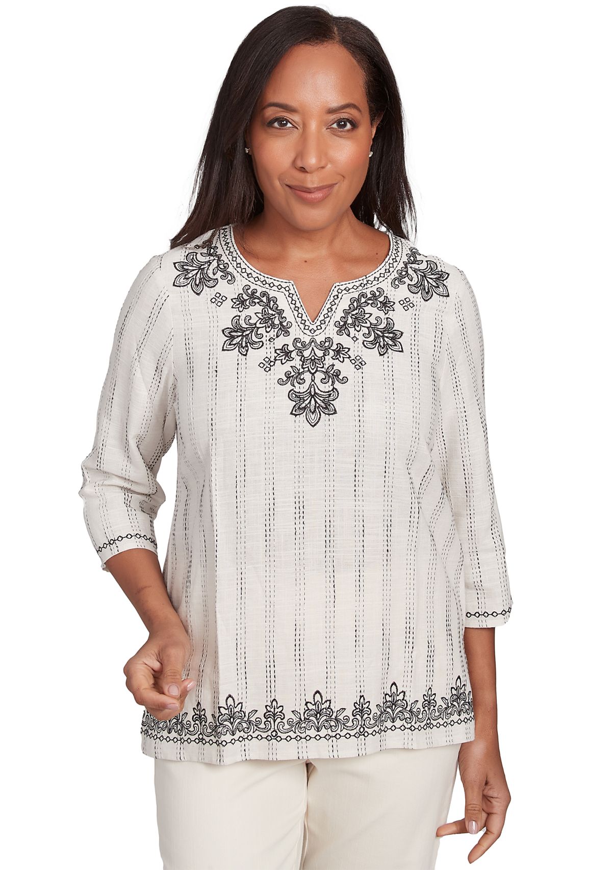 Womens Natural Instinct Textured Top with Medallion Embroidery