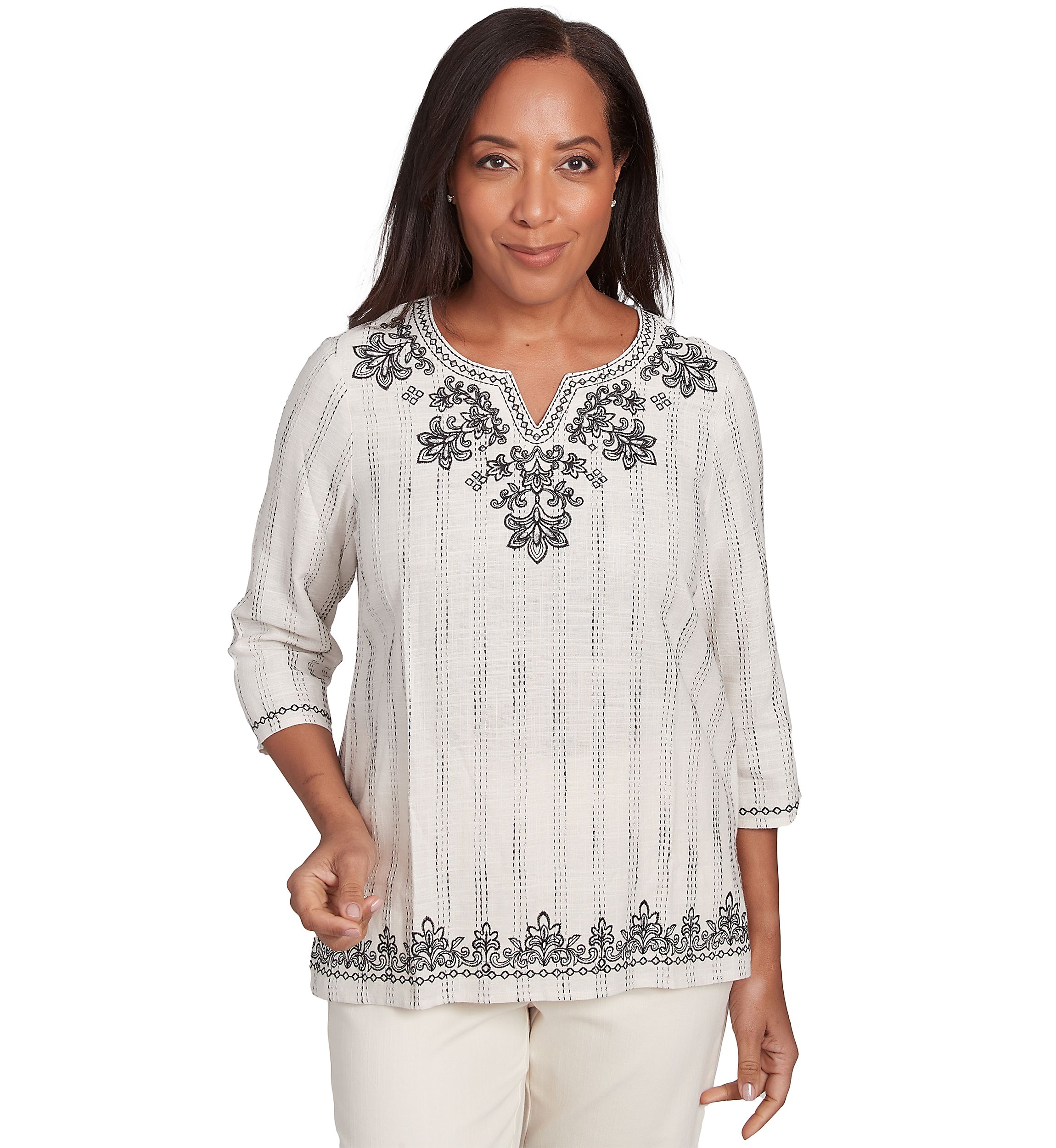 Womens Natural Instinct Textured Top with Medallion Embroidery