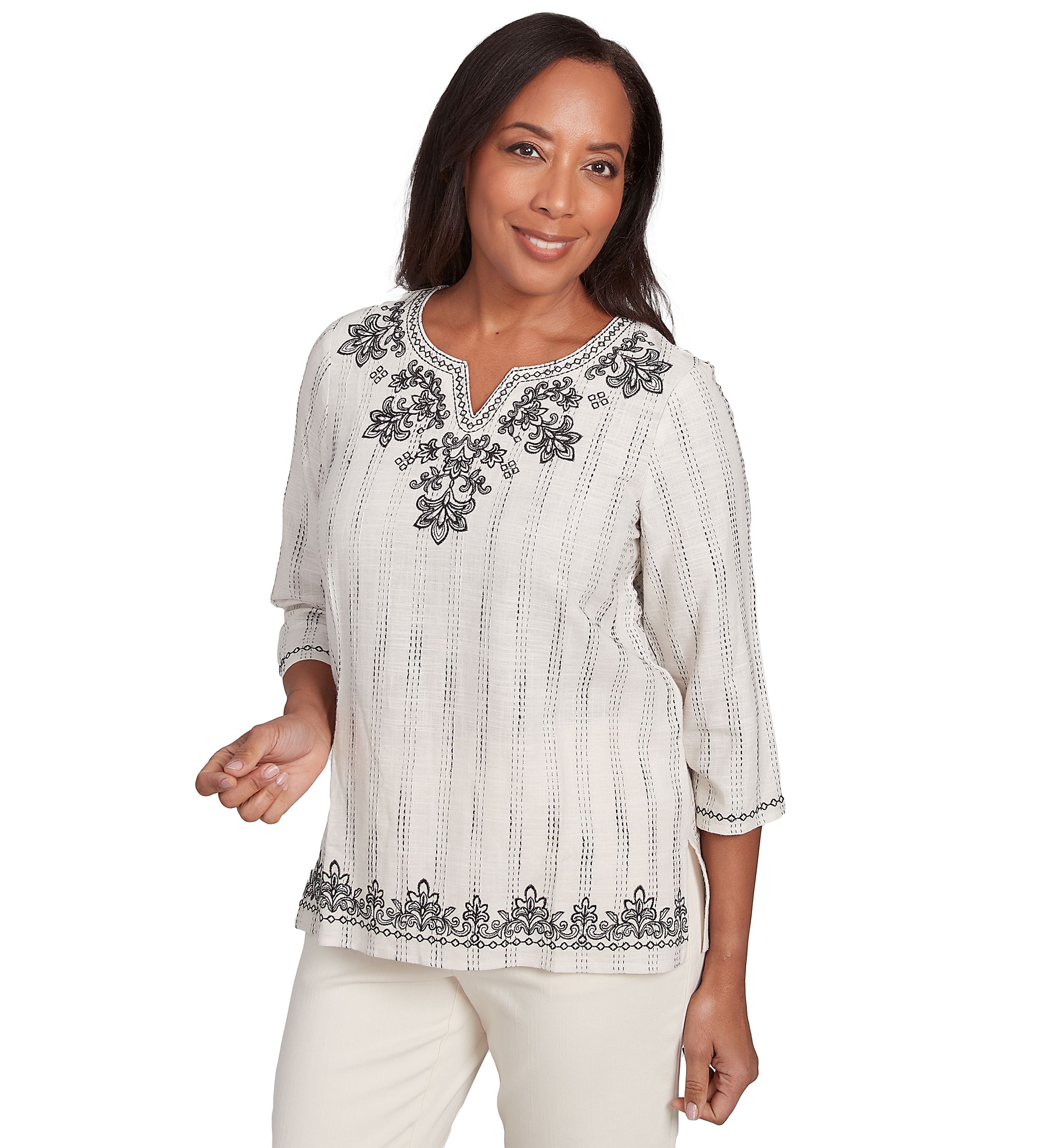 Womens Natural Instinct Textured Top with Medallion Embroidery