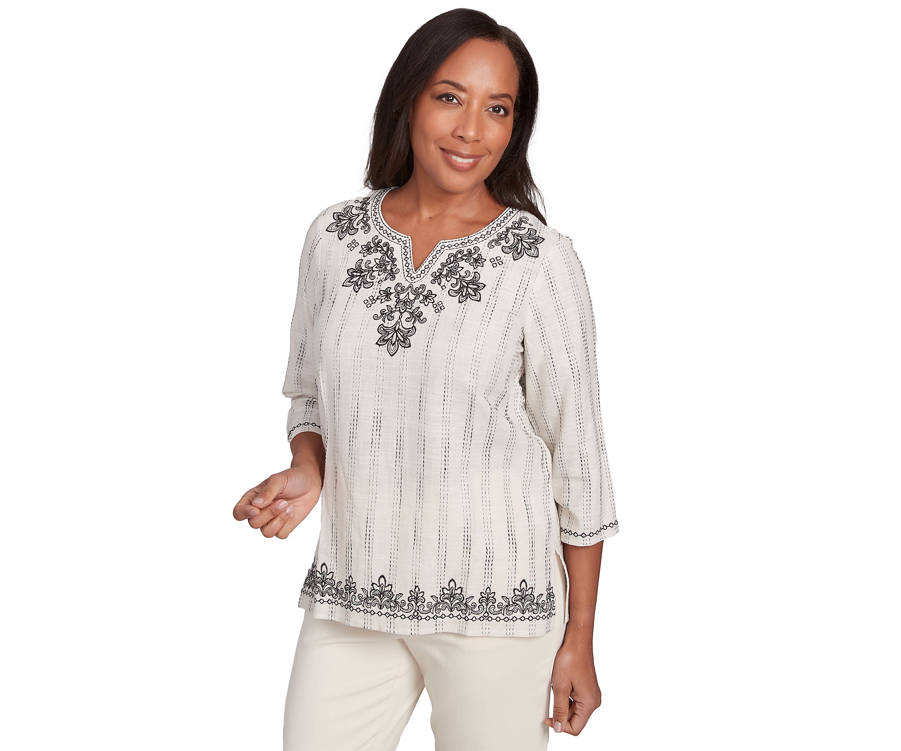 Womens Natural Instinct Textured Top with Medallion Embroidery