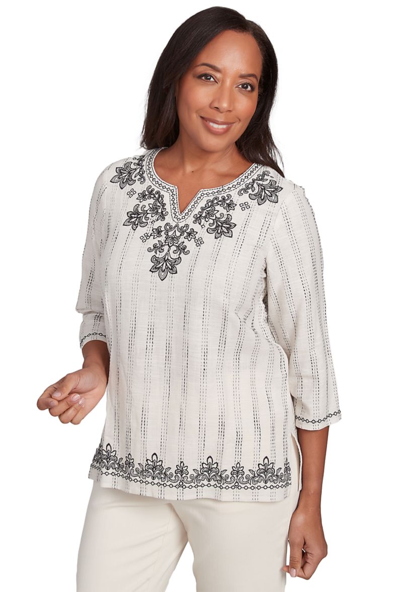 Womens Natural Instinct Textured Top with Medallion Embroidery