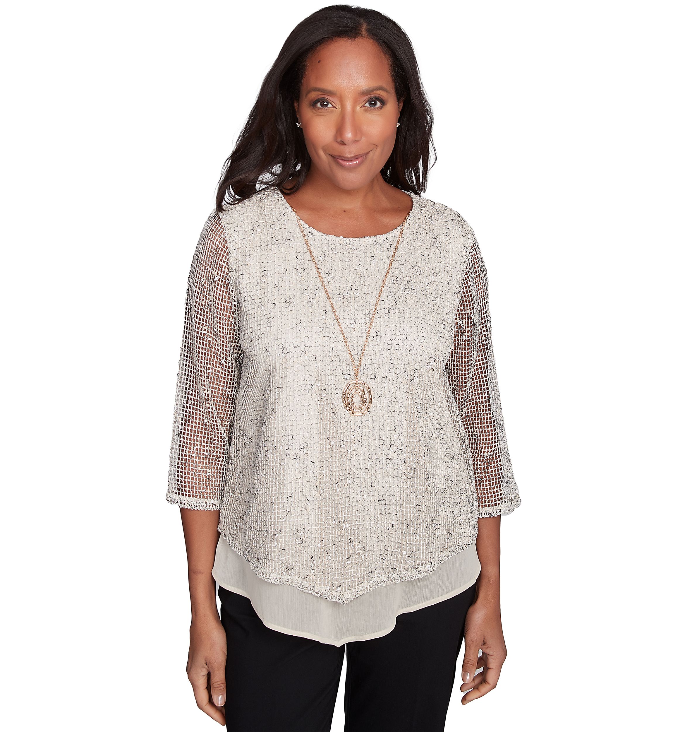 Womens Natural Instinct Popcorn Mesh Top with Woven Trim