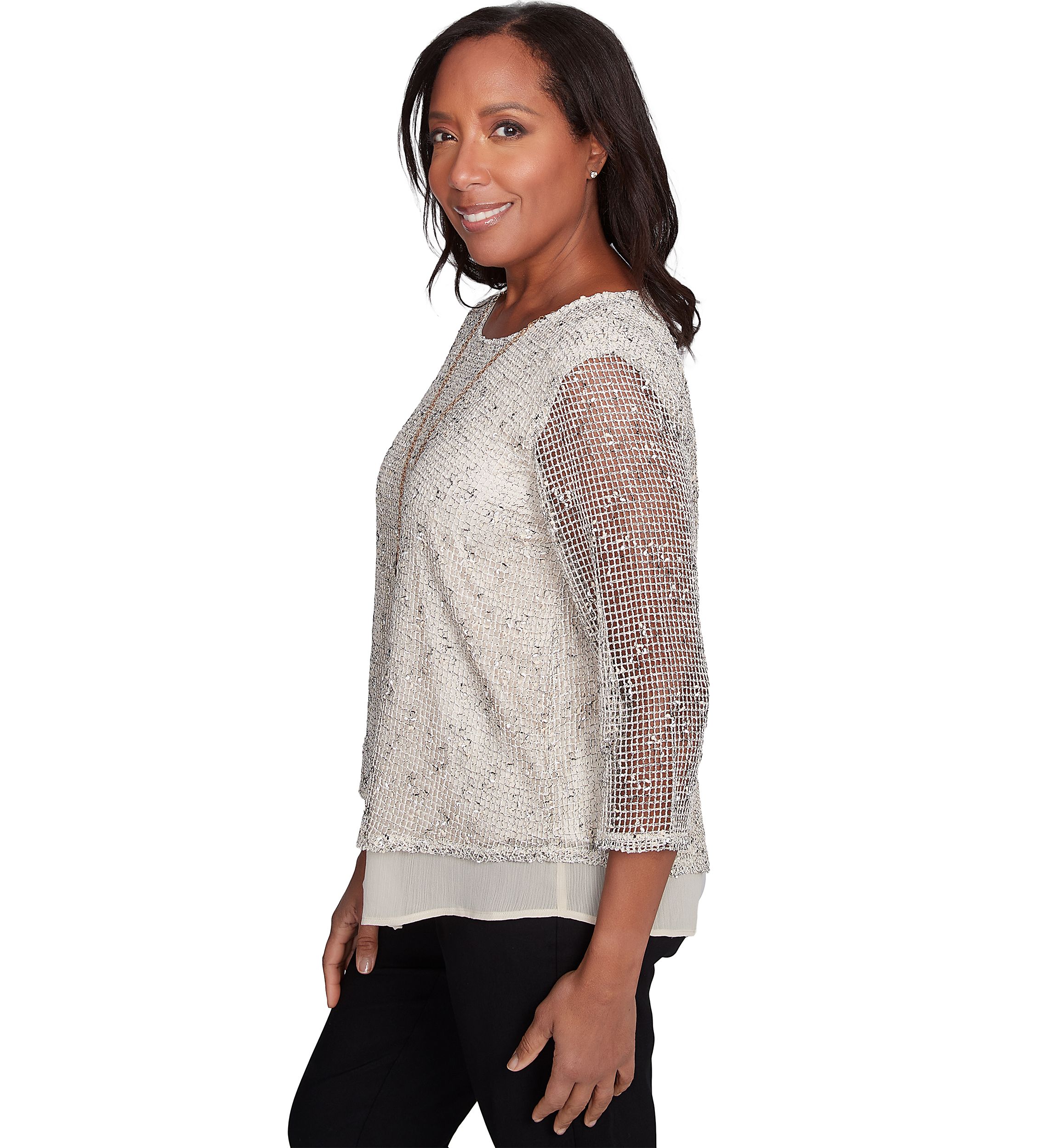 Womens Natural Instinct Popcorn Mesh Top with Woven Trim