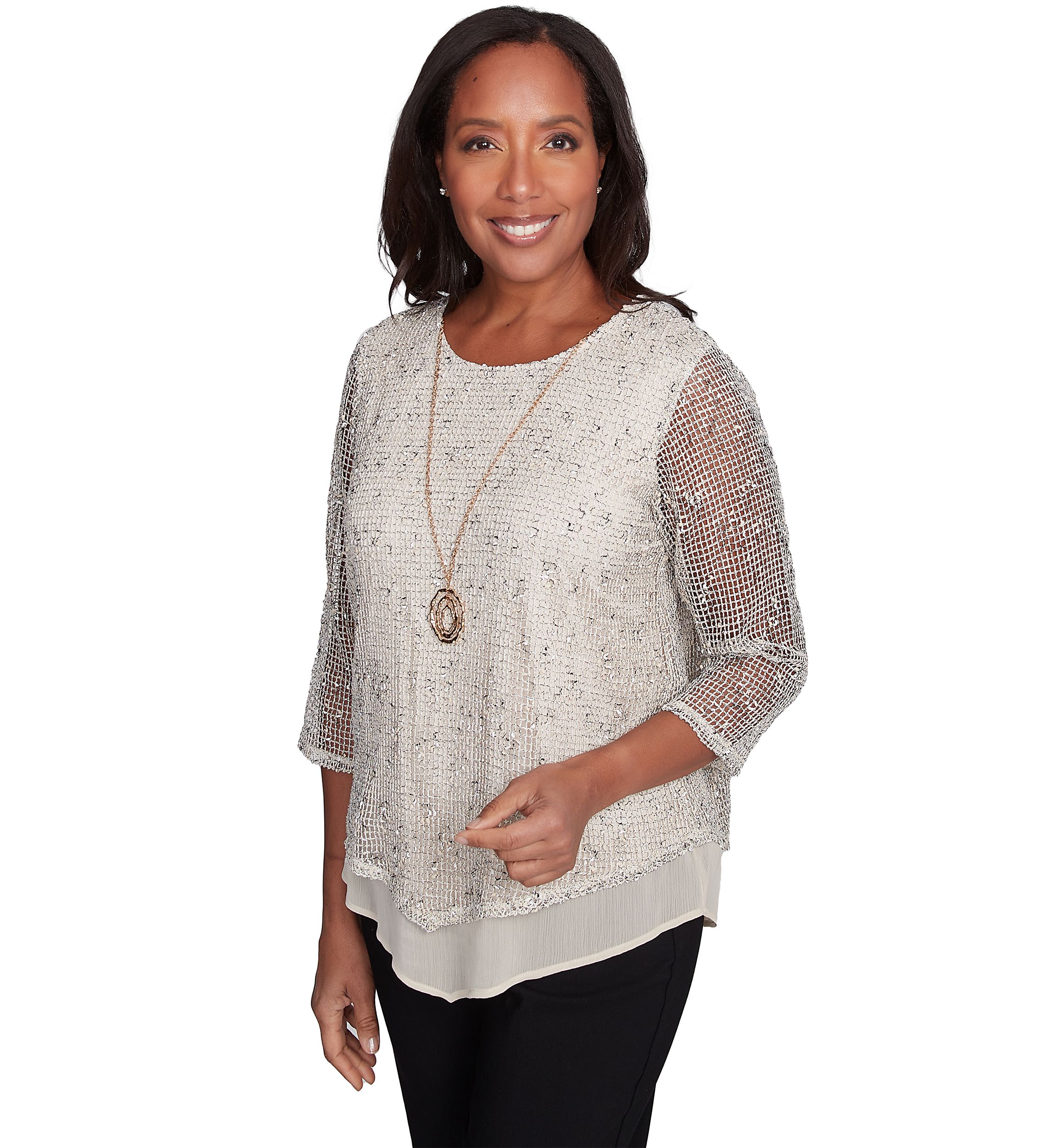 Womens Natural Instinct Popcorn Mesh Top with Woven Trim