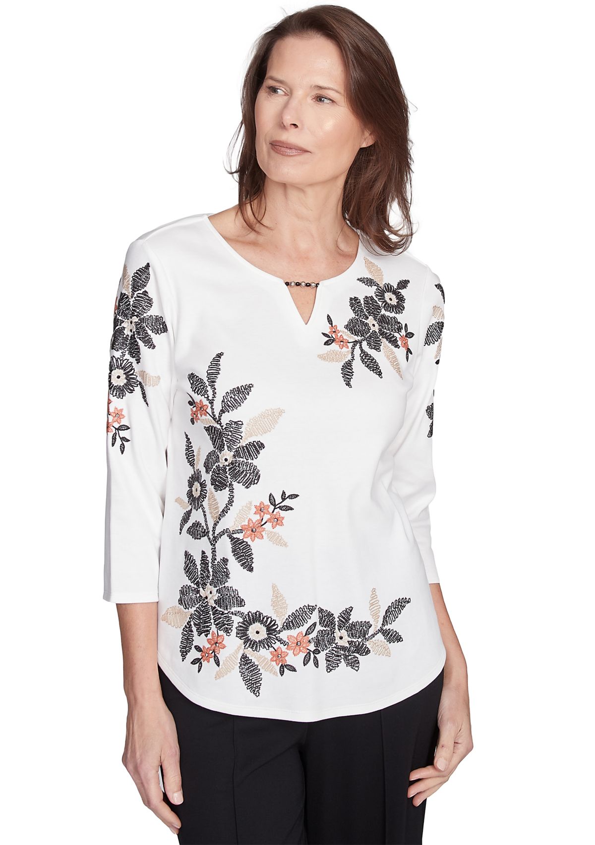 Womens Natural Instinct Floral Texture Asymmetric Top with Embroidery