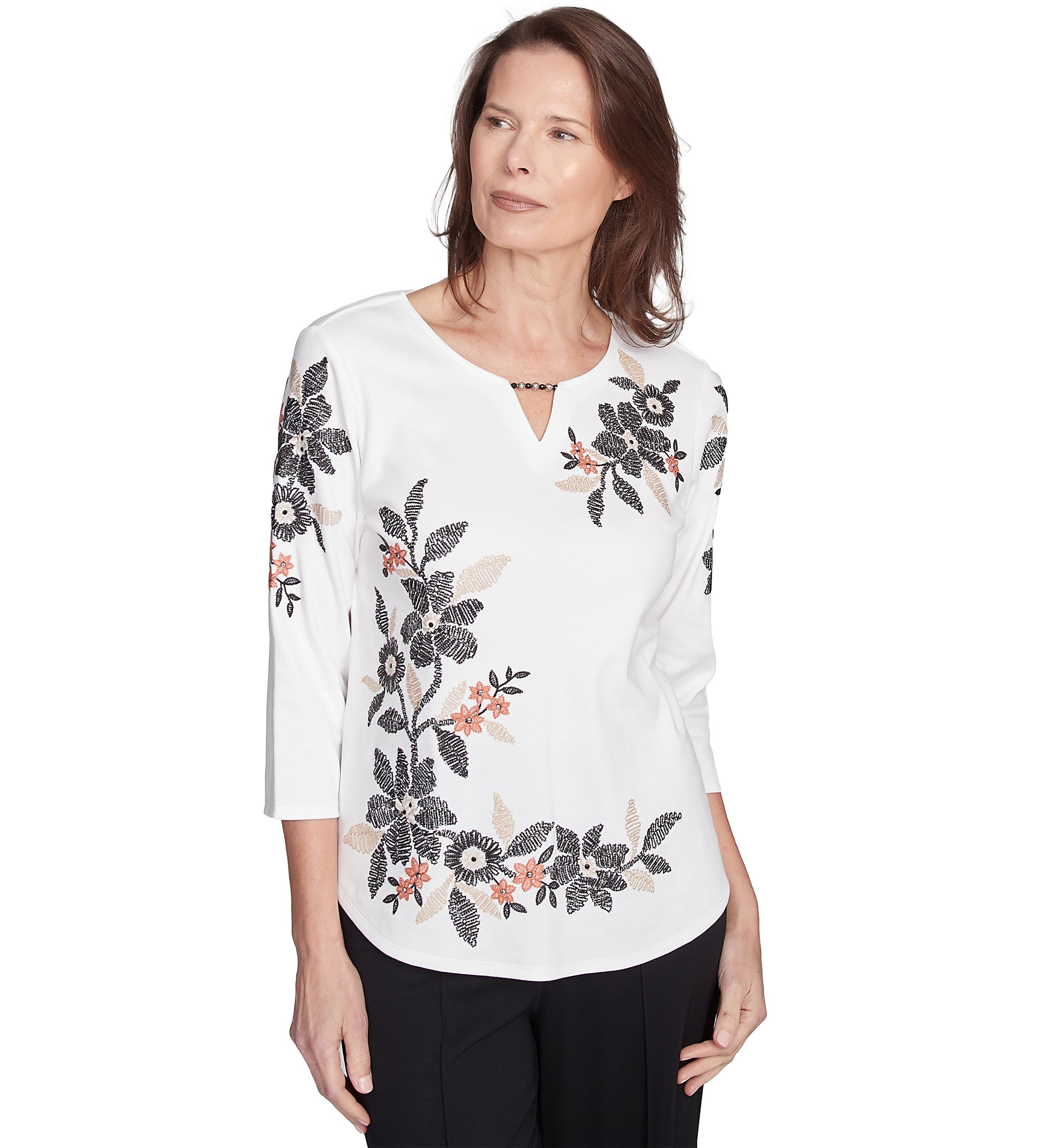 Womens Natural Instinct Floral Texture Asymmetric Top with Embroidery