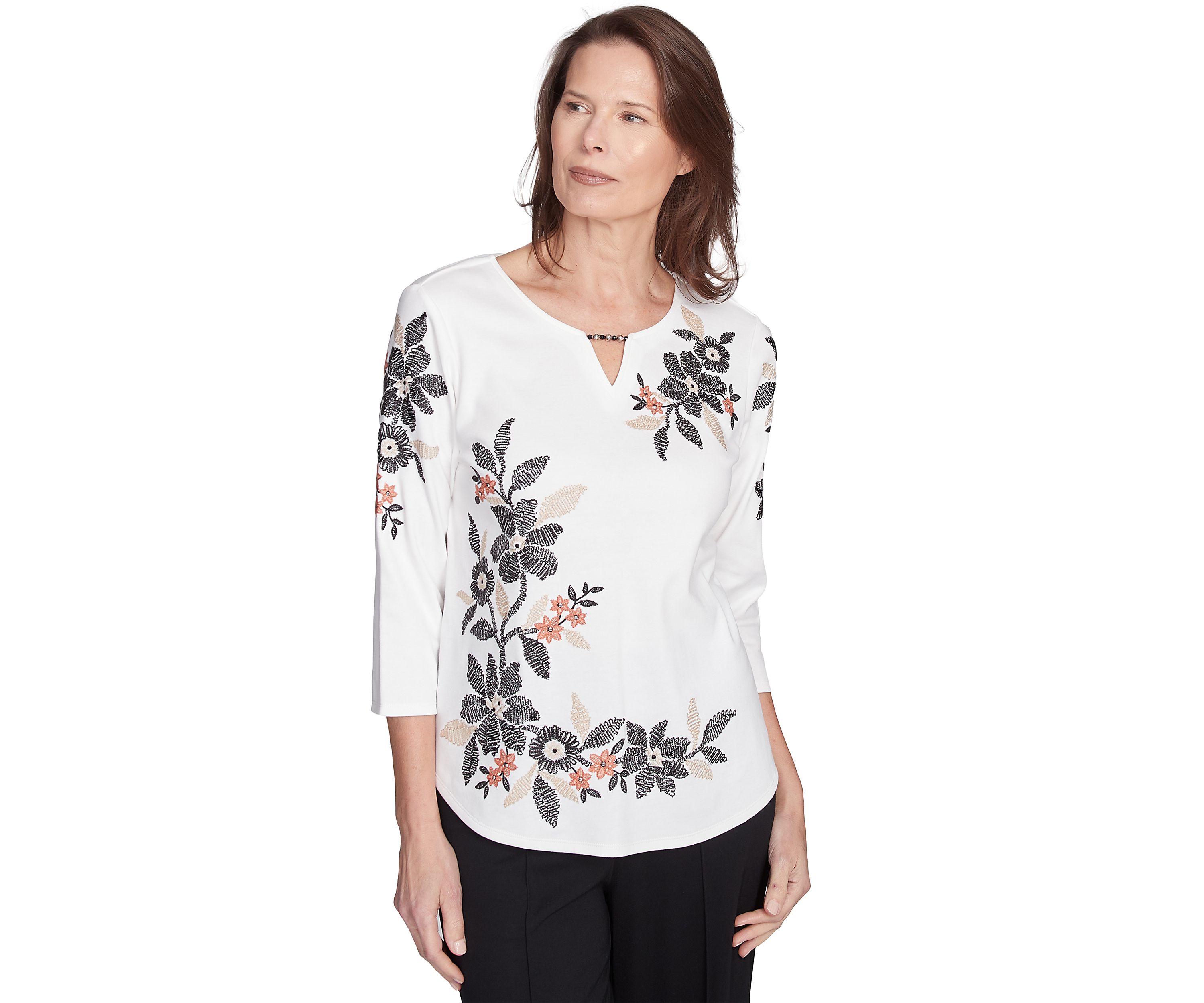 Womens Natural Instinct Floral Texture Asymmetric Top with Embroidery