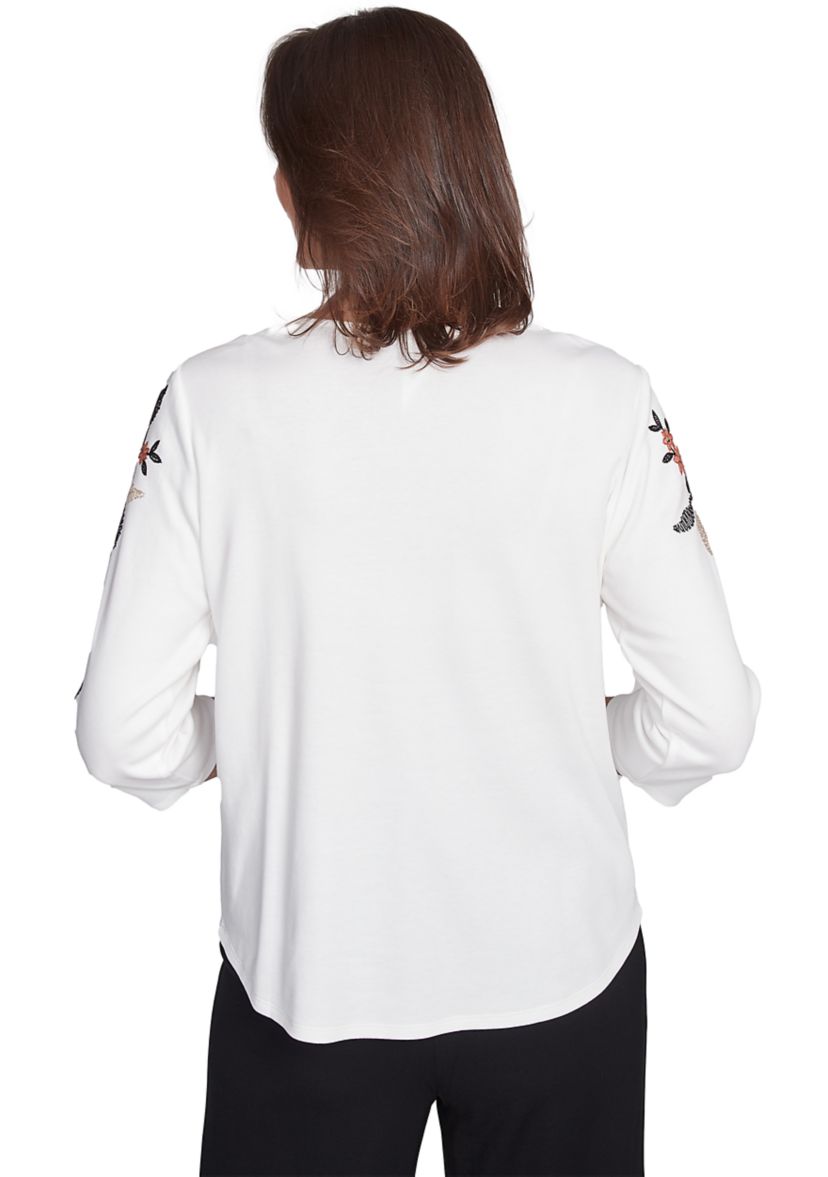 Womens Natural Instinct Floral Texture Asymmetric Top with Embroidery