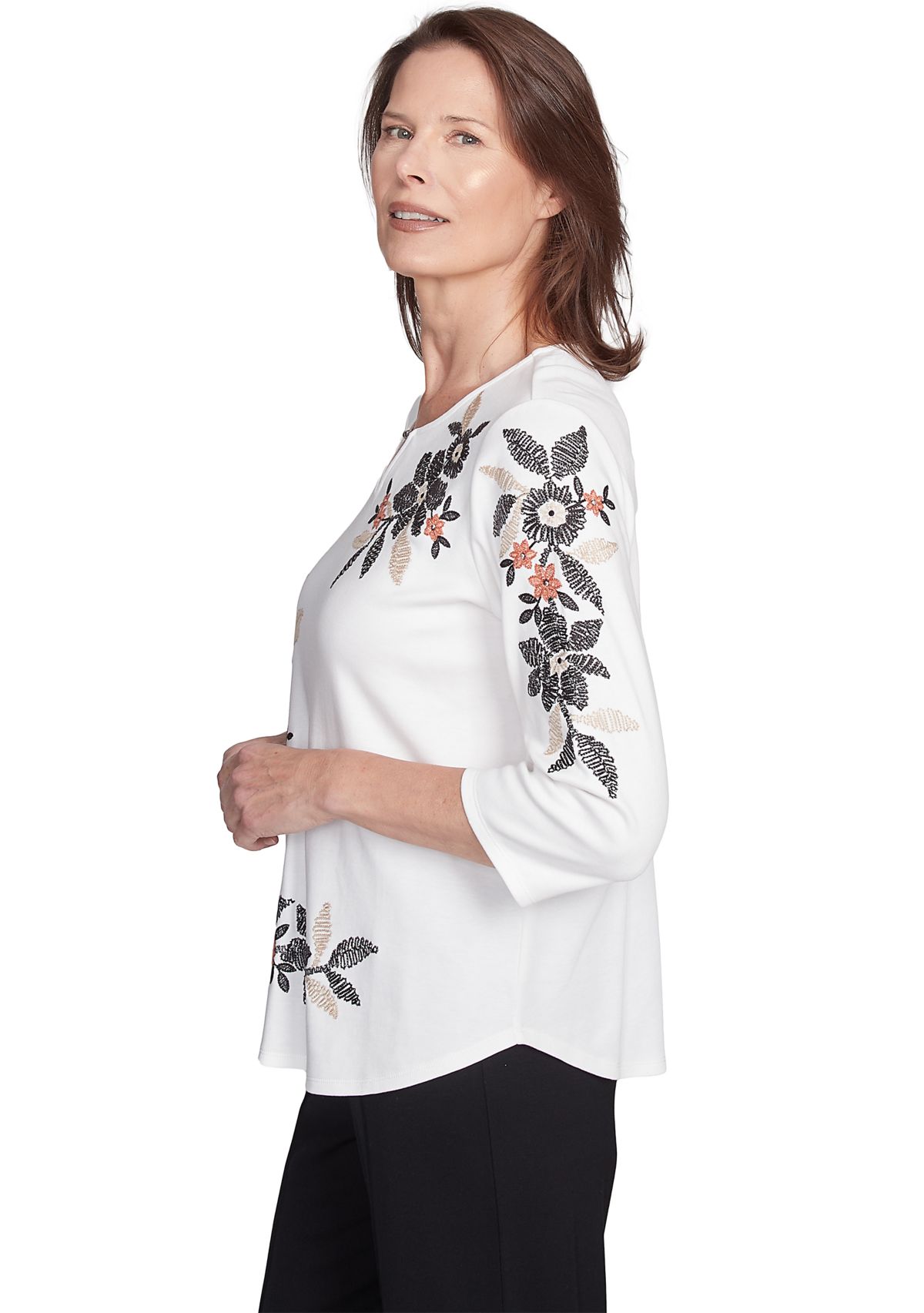 Womens Natural Instinct Floral Texture Asymmetric Top with Embroidery