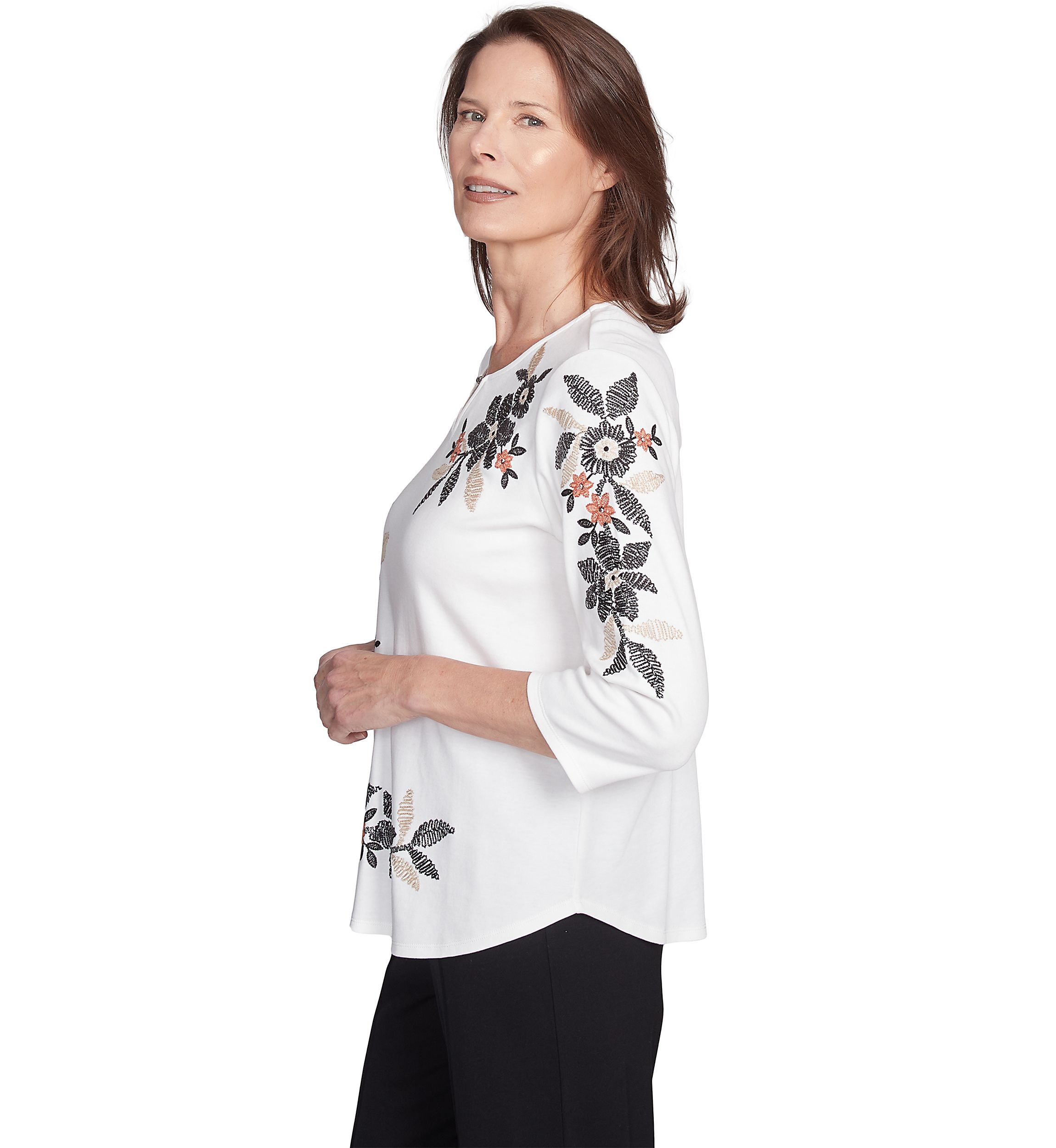 Womens Natural Instinct Floral Texture Asymmetric Top with Embroidery