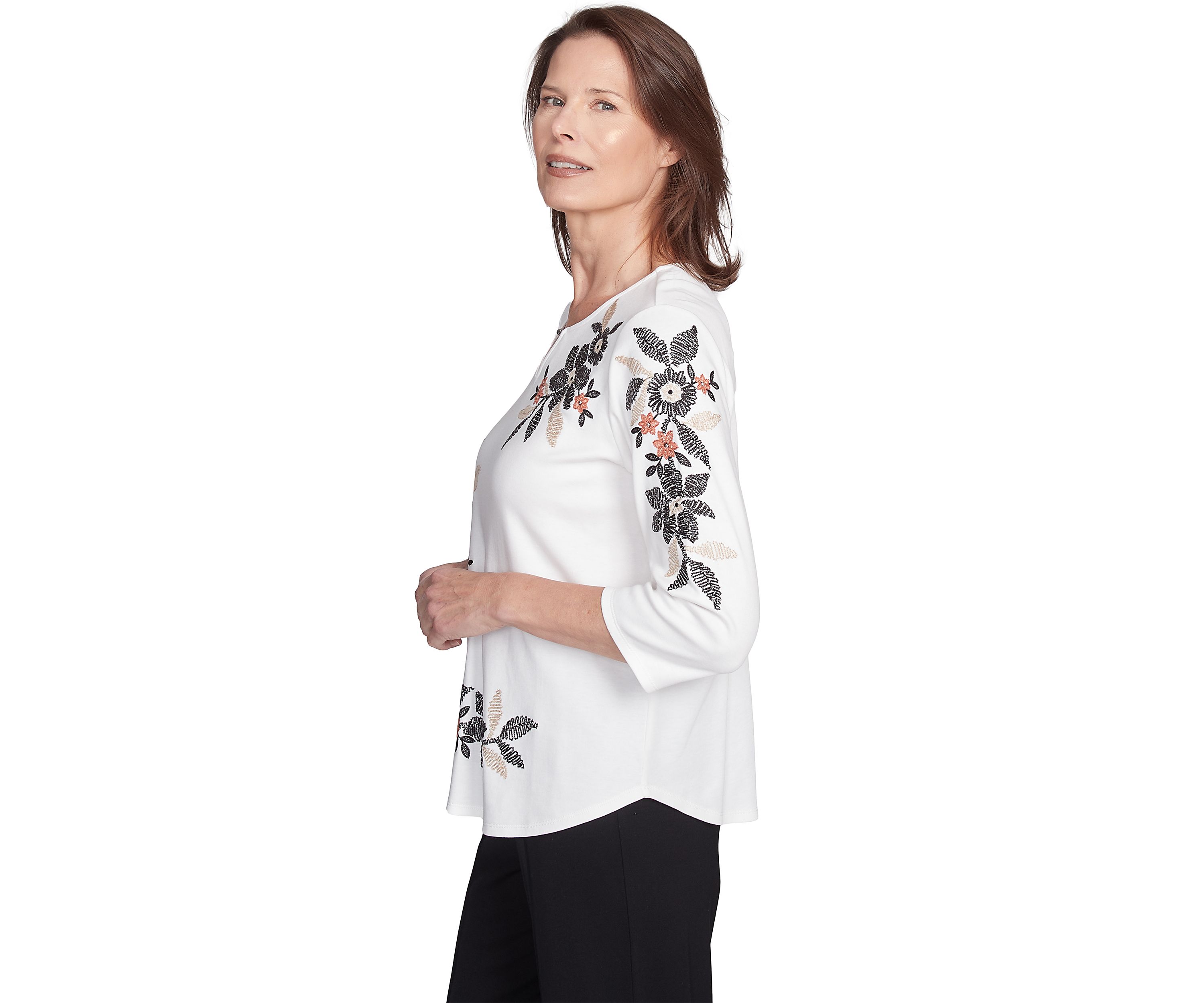 Womens Natural Instinct Floral Texture Asymmetric Top with Embroidery